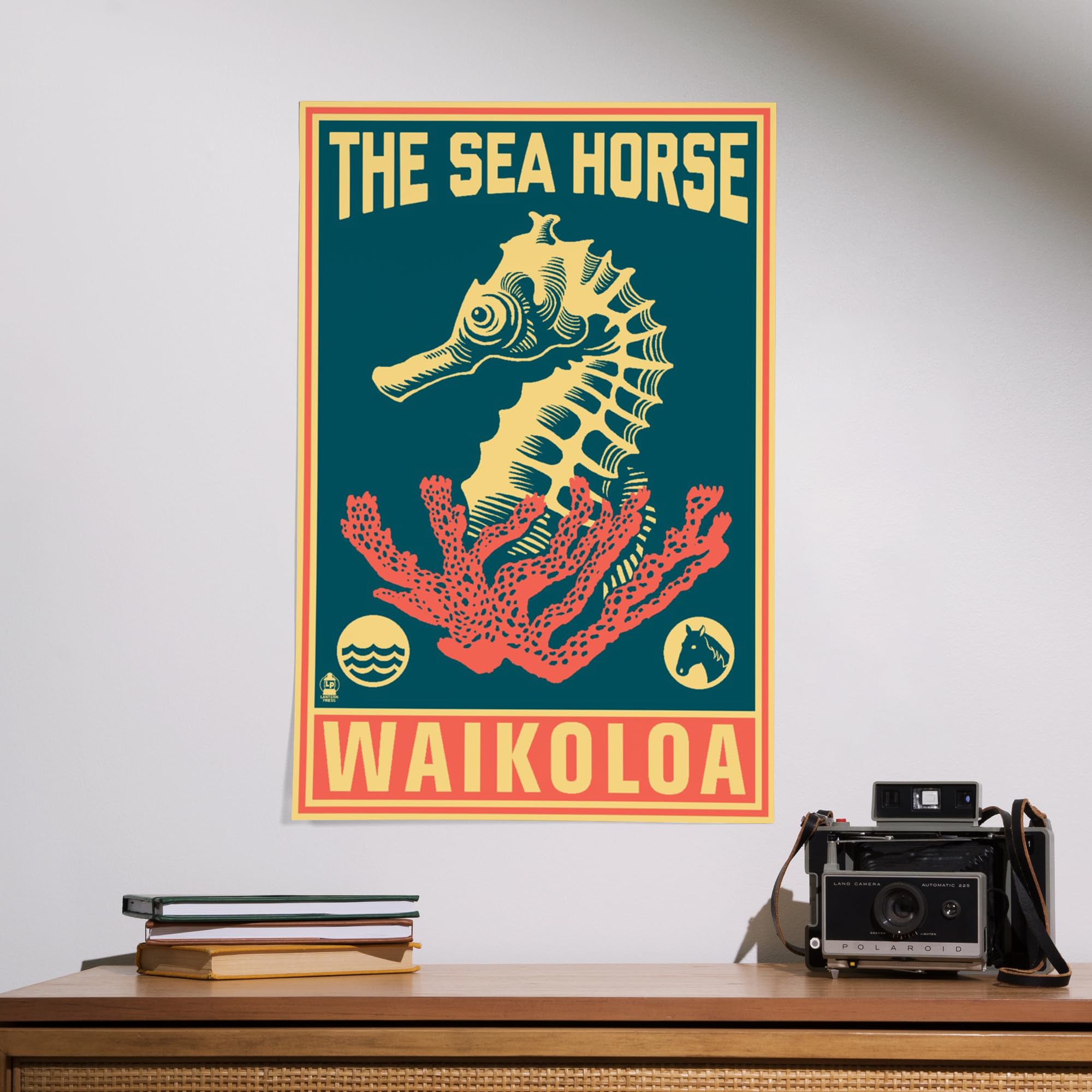 Lantern Press 16x24 Inch Giclee Art Print - Waikoloa Hawaii Seahorse Woodblock in Blue & Pink | Coastal Wall Decor for Beach House, Living Room & Office