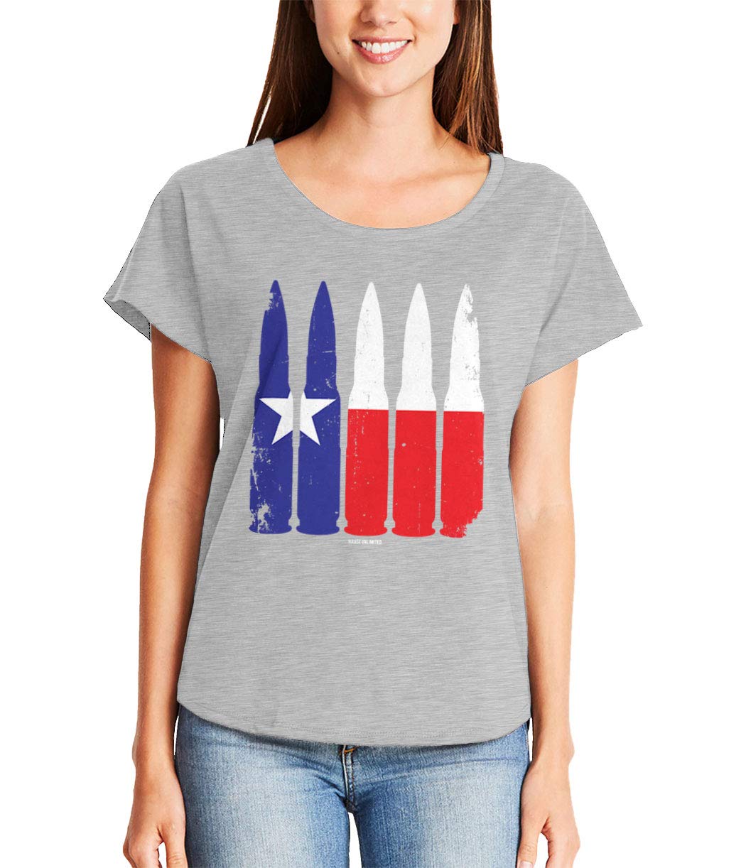 Texas Bullet Flag T-Shirt - Lone Star State Pro Gun Patriotic Women's Dolman Sleeve Top for Outdoor Activities & Range Days