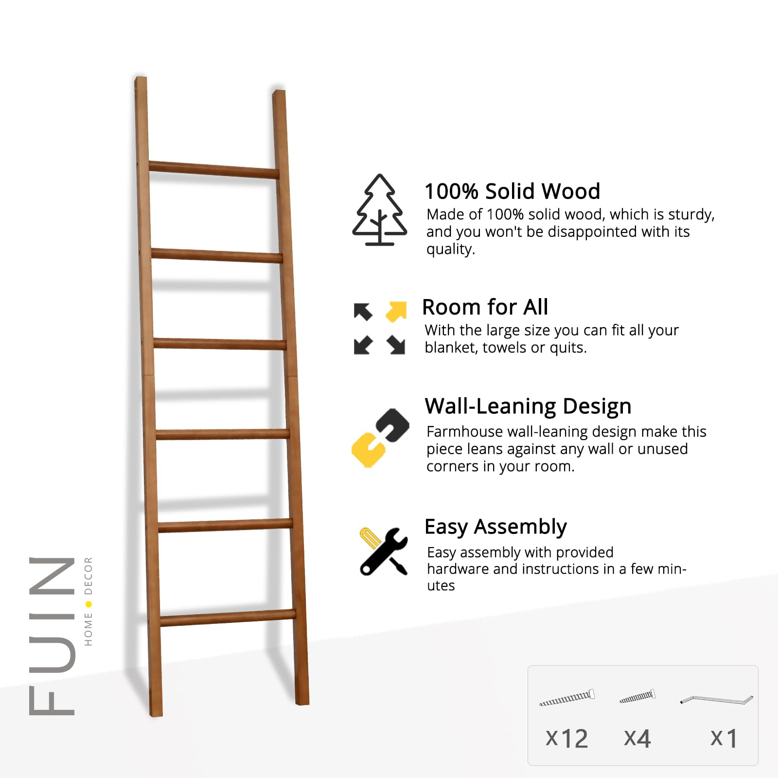 FUIN 6ft Wooden Blanket Ladder - Rustic Farmhouse Quilt & Towel Display Holder for Living Room & Bathroom Decor | Natural Wood Wall Leaning Ladder for Cozy Home & Farmhouse Style