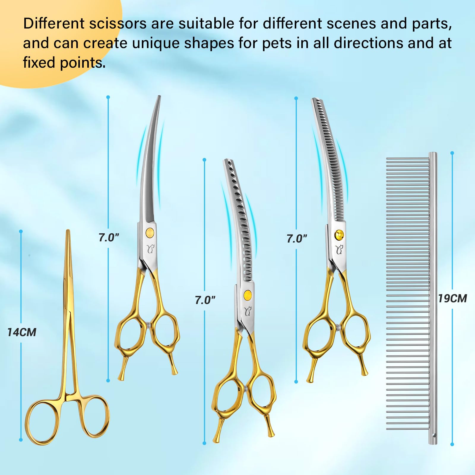 Professional Dog Grooming Scissors Set - 4 in 1 Curved & Thinning Shears with Safety Round Tips for Safe & Precise Pet Hair Cutting - Perfect for Home Grooming, Professional Styling & Dog Show Preparation