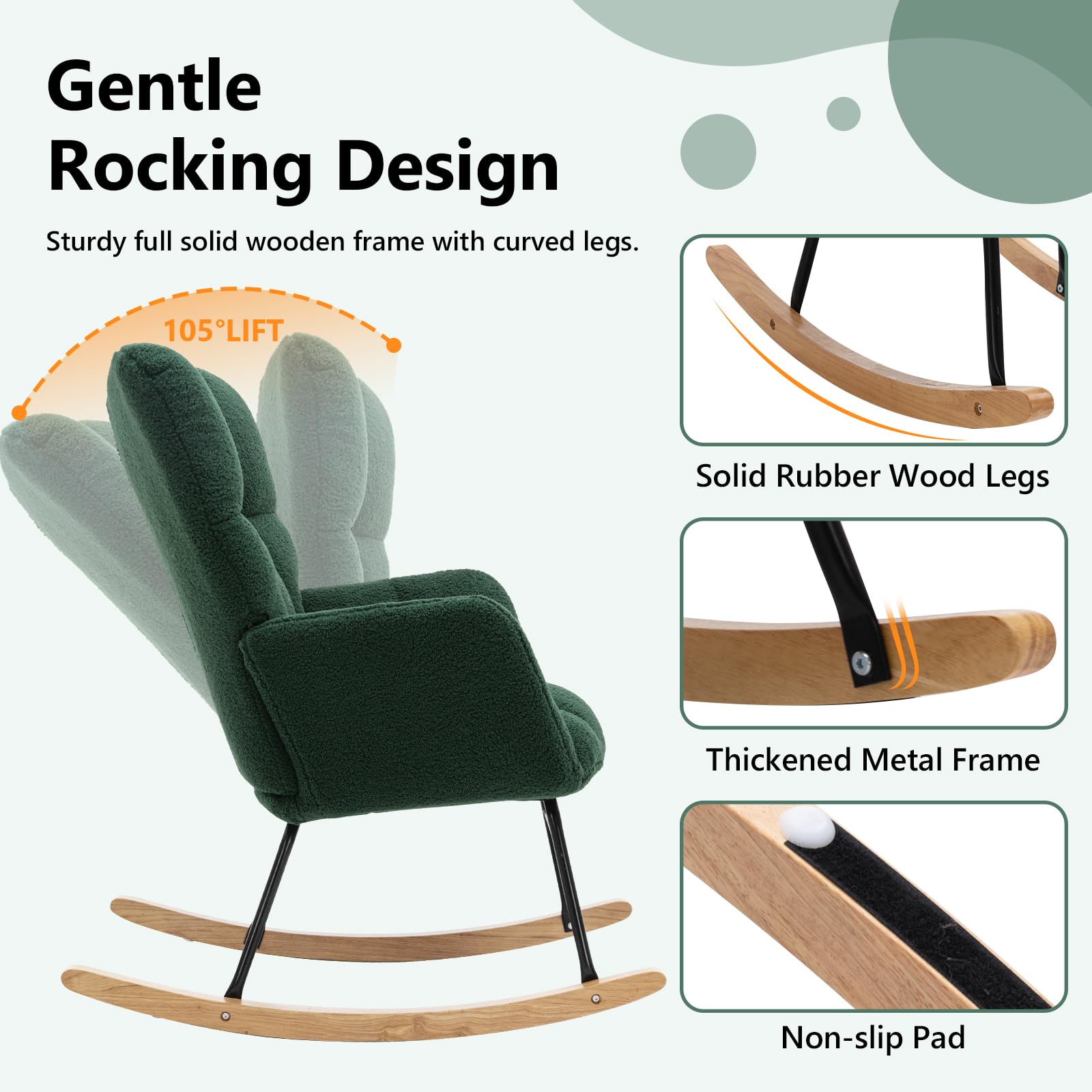 NIOIIKIT Nursery Rocking Chair - Soft Teddy Fabric Upholstered Glider Rocker with Padded Seat & High Backrest - Comfortable Accent Armchair for Living Room, Bedroom, Nursery (Green Teddy) - Perfect for Nursing, Reading & Relaxing