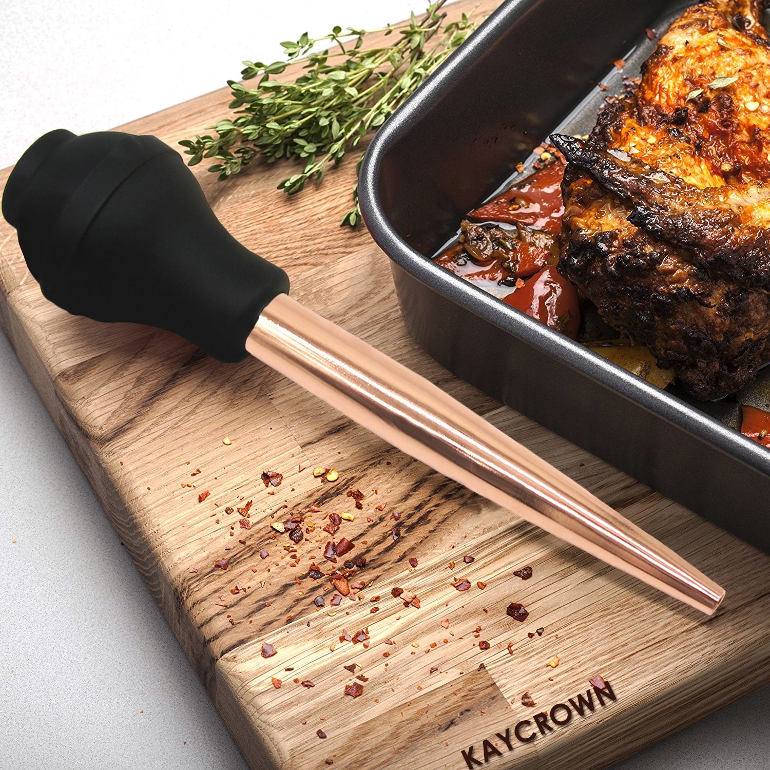 Premium Stainless Steel Turkey Baster with Silicone Bulb - FDA Approved Commercial Grade Kitchen Utensil Set Includes Marinade Injector & Cleaning Brush (Rose Gold) - Perfect for Thanksgiving, Roasting, Grilling & Basting Meats