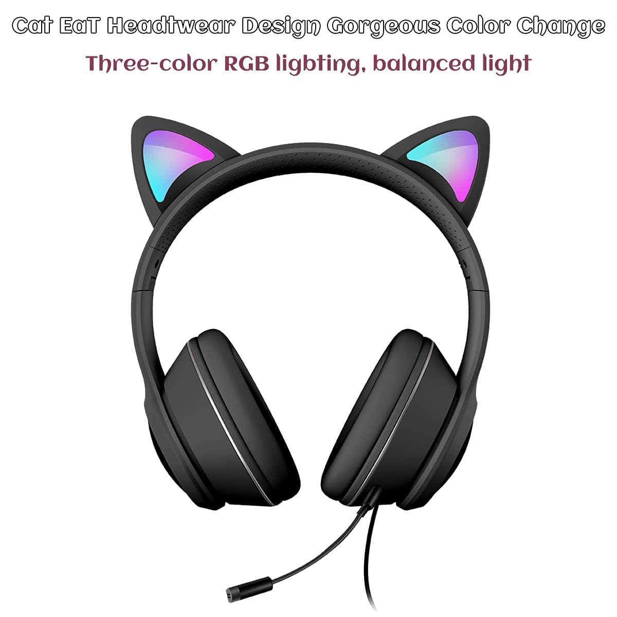 LED Cat Ear Gaming Headset with Microphone - Wired 3.5mm AUX Stereo Sound, RGB Light Effects, Over-Ear Comfort for PC, PS4, Switch, Mobile & Laptop (3 Colors) - Perfect for Live Streaming, Gaming Sessions & Cosplay Events
