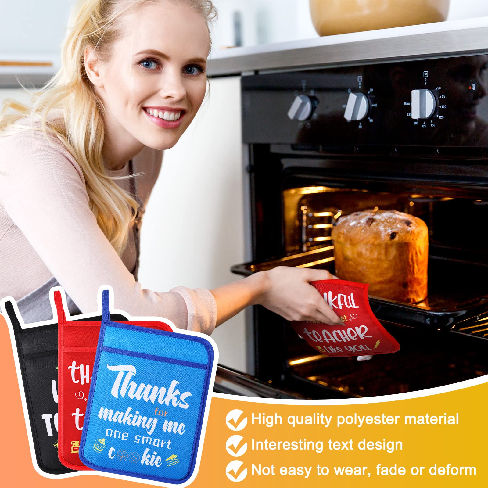 Remerry 12-Piece Teacher Appreciation Gift Set - 3 Heat-Resistant Potholders, Oven Mitt, 6-Piece Bamboo Kitchen Utensil Set & 3 Thank You Cards - Perfect Cooking & Baking Gifts for Women Teachers