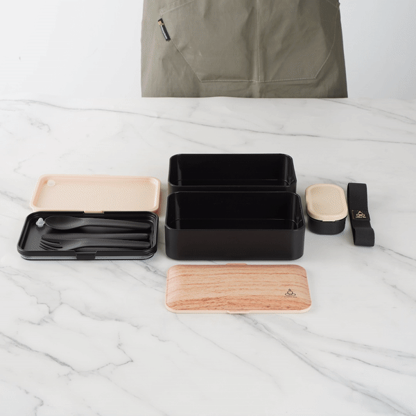 Bento Tek 41 oz Wood Grain & Black Buddha Box - All-in-One Lunch Container with Utensils & Sauce Cup (7.25