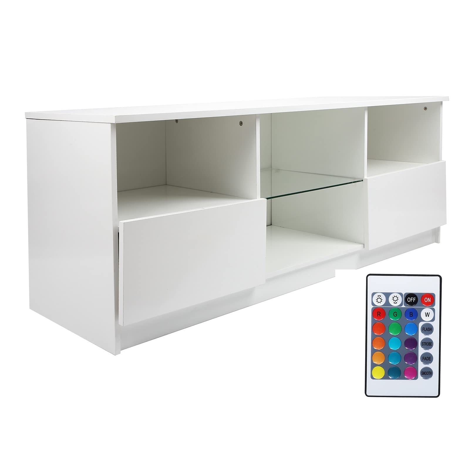 Modern White TV Stand with LED Lights - 47 Inch Entertainment Center with 2 Large Drawers, 47.2x15.7x18.9in Media Console for Living Room - Perfect for Gaming Setup & Home Theater Furniture
