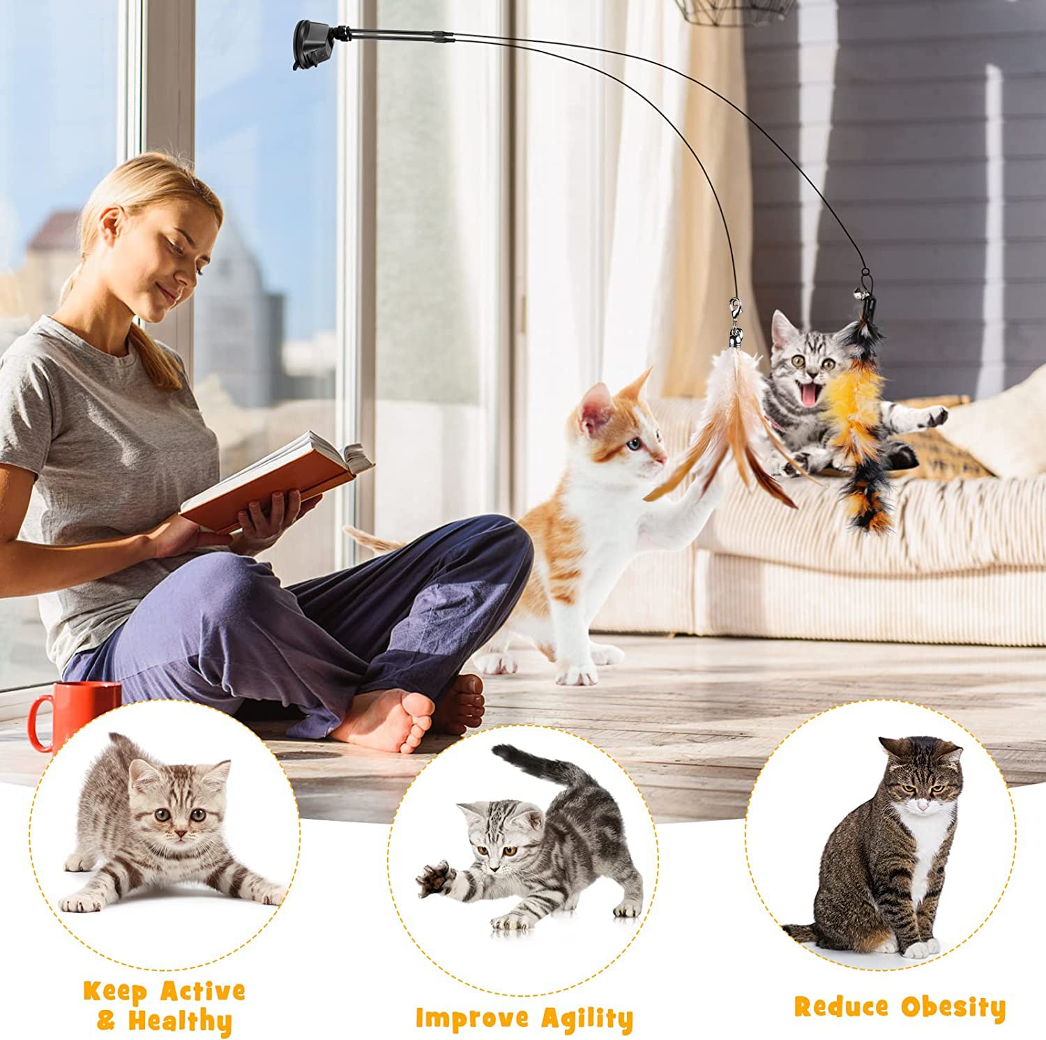 Premium Cat Feather Wand Toy with Super Suction Cup - 2 Interactive Cat Toys & 6 Feather Refills with Bell - Natural Teaser Wand for Indoor Cats - Perfect for Play, Chase & Exercise to Keep Your Kitten Active & Entertained