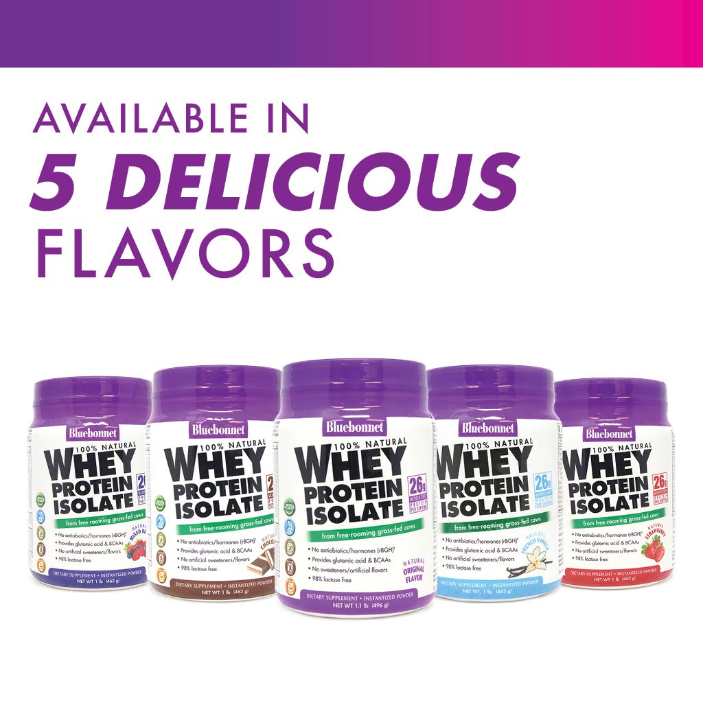 Bluebonnet Nutrition Whey Protein Isolate Powder from Grass-Fed Cows - 26g Protein, No Sugar Added, Gluten Free, Soy Free, Kosher Dairy - 1 Lb (14 Servings) Chocolate Flavor for Post-Workout Recovery & Muscle Building