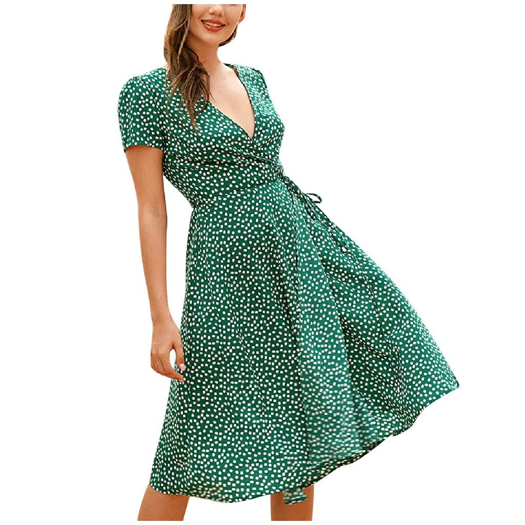 Women's Floral Print Chiffon V-Neck Short Sleeve Midi Dress - Slim Fit Polka Dot Summer Casual & Party Wear for Office, Date Night & Outdoor Events in Green