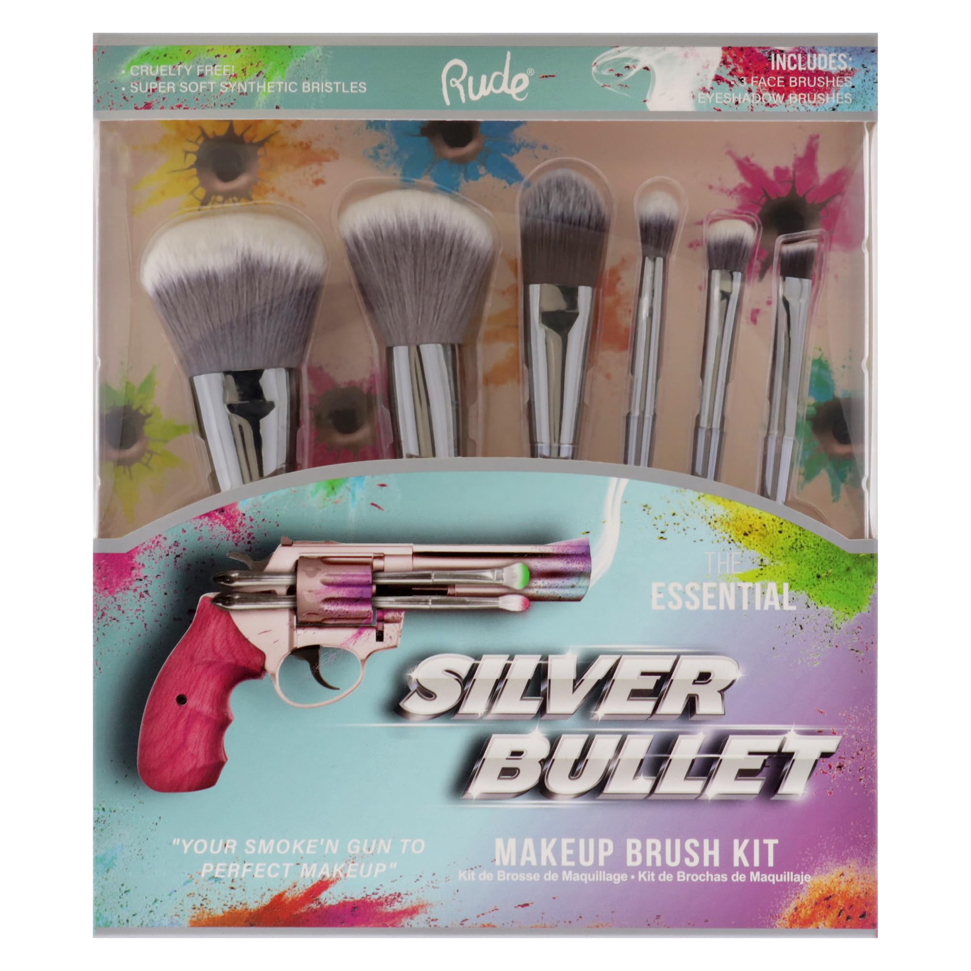 Rude Cosmetics Silver Bullet Makeup Brush Set - 6 Piece Professional Gun-Themed Brush Kit (Beretta Powder, Glock Blush, Remington Foundation, Shotgun, Browning Angled) for Women | Perfect for Everyday Makeup, Travel & Professional Makeup Artists