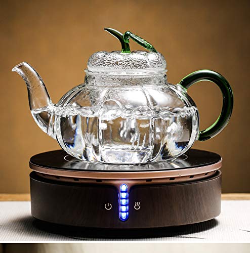 Premium Glass Tea Infuser with Warmer & Matching Cups - Green Pumpkin Design - Perfect for Loose Leaf Tea Brewing at Home, Office or Gifts for Tea Lovers