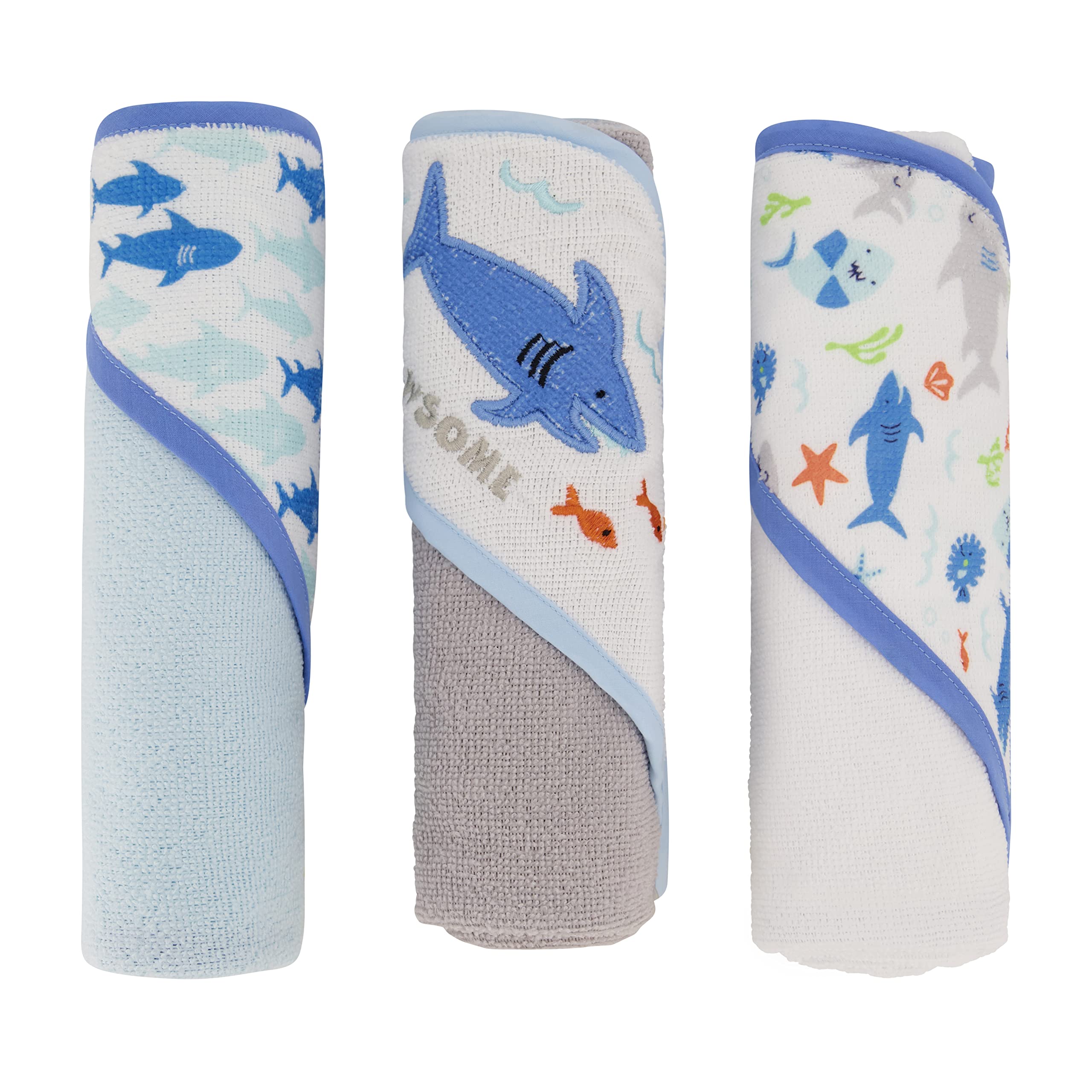 Cudlie Buttons & Stitches 3 Pack Baby Boy Hooded Towels - Soft Rolled/Carded Bath Towels with Jawsome Shark Print (GS71723) - Perfect for Newborn, Infant & Toddler Bath Time, Swimming & Beach Outings