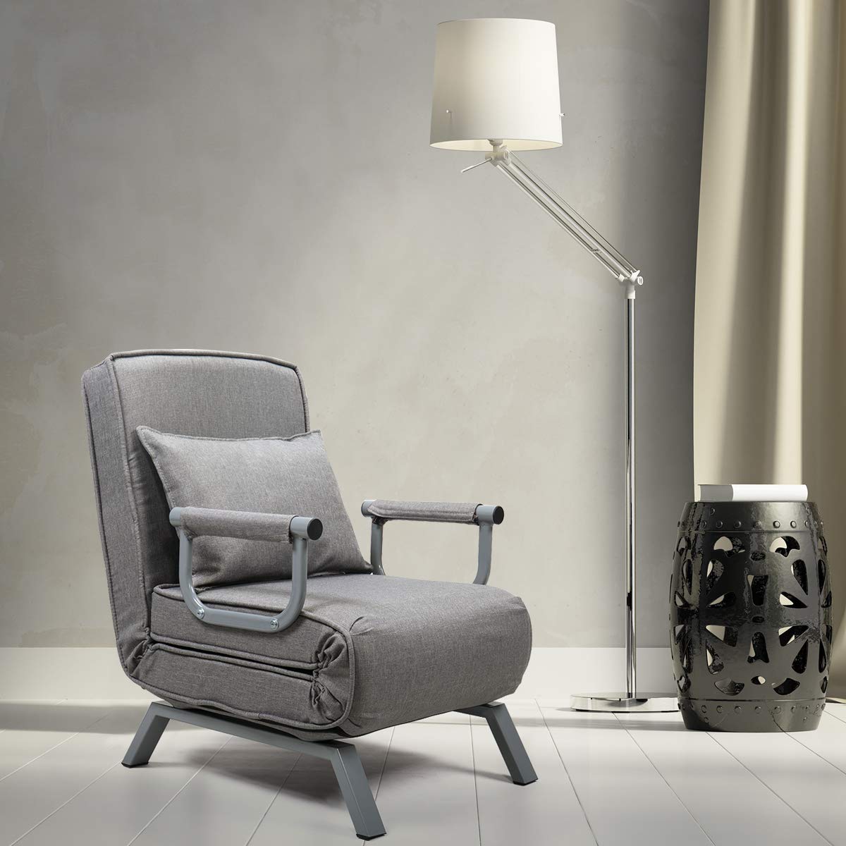 Convertible Sofa Bed Folding Arm Chair - 5-Position Adjustable Recliner Lounge Sleeper with Pillow for Home, Office, Apartment - Perfect for Small Spaces, Guest Rooms & Relaxation (Gray)