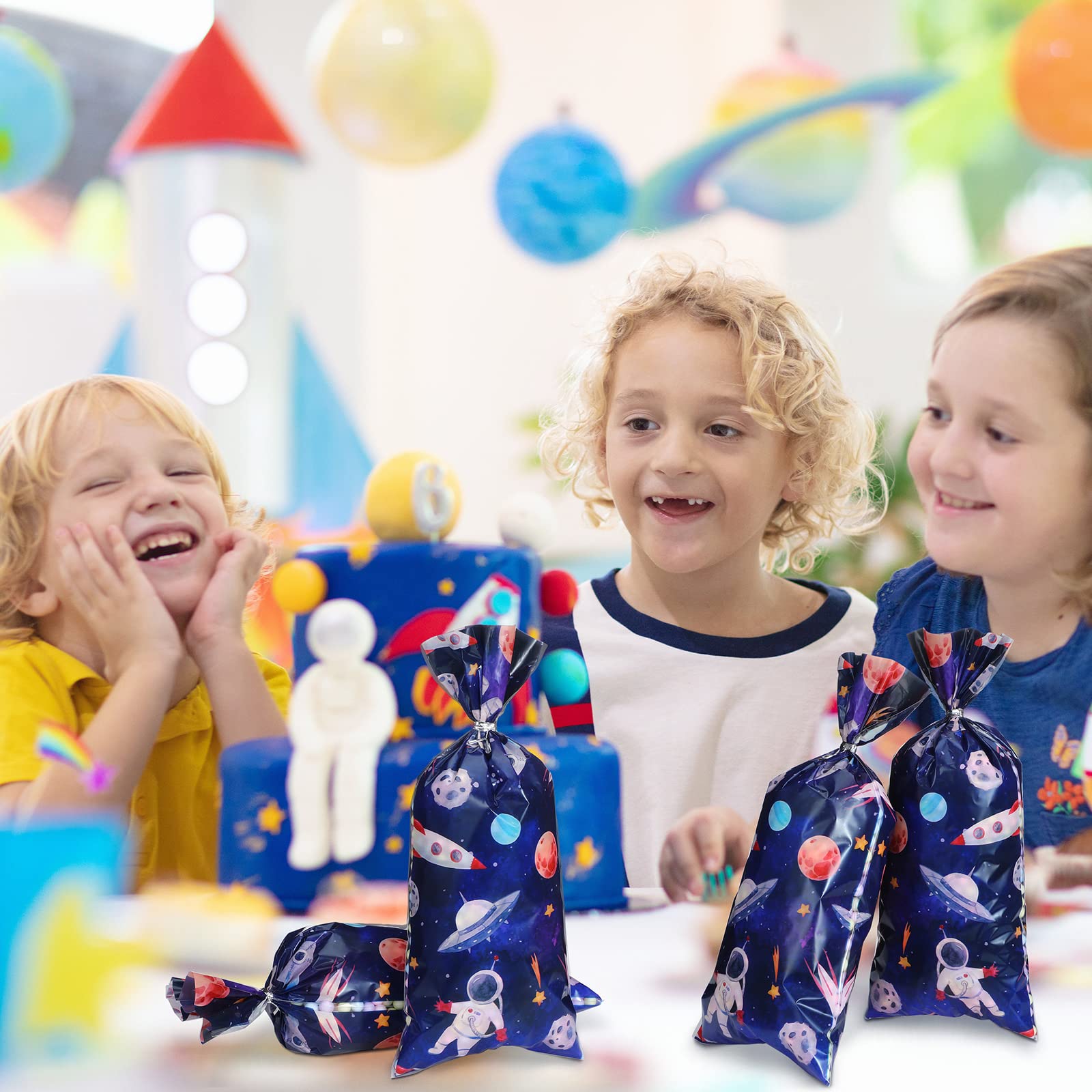 Yexiya 120 Pcs Outer Space Cellophane Bags - Galaxy Themed Plastic Goodie Bags for Astronaut Party Favors, Candy & Birthday Decorations - Perfect for Space-Themed Birthday Parties, Baby Showers & Classroom Rewards