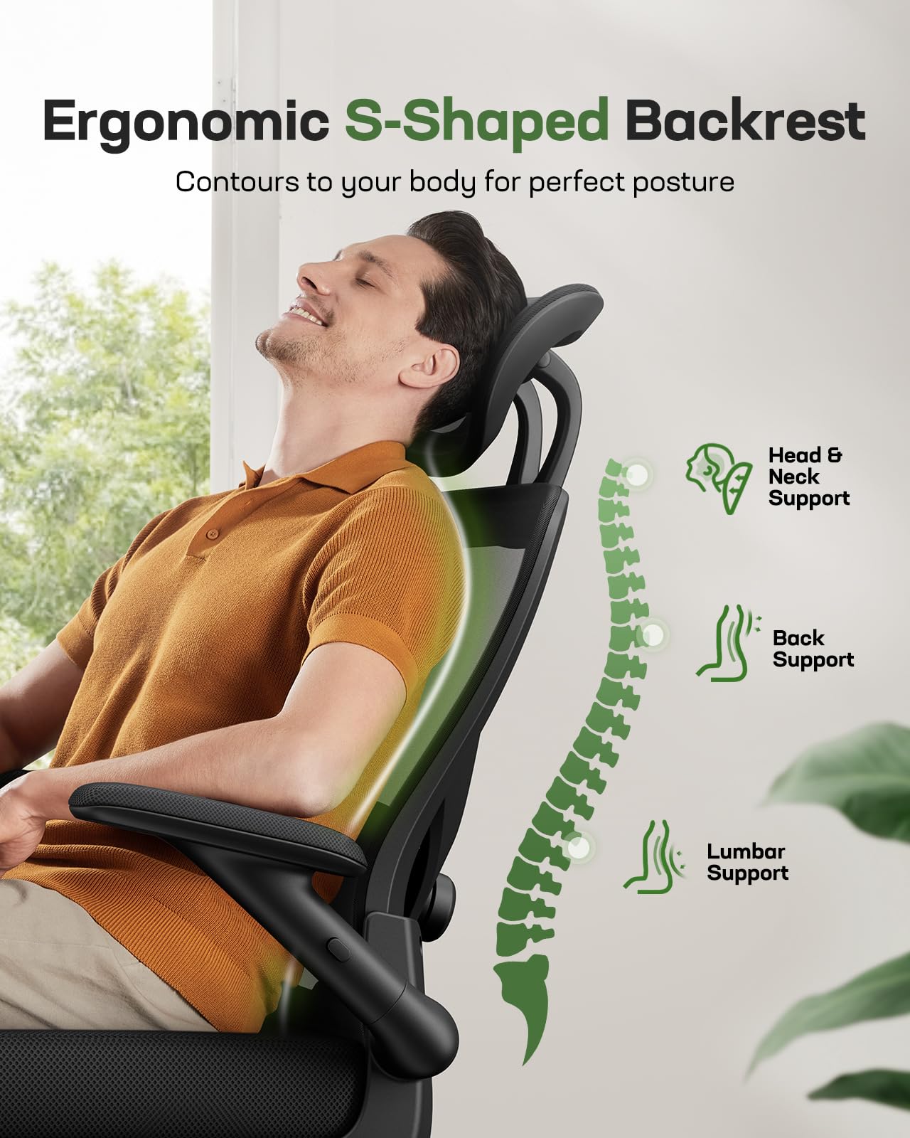 Marsail Ergonomic Mesh Office Chair - High Back Computer Desk Chair with Adjustable Lumbar Support & Headrest, Flip-Up Arms, Swivel Base - Perfect for Big and Tall Professionals - Ideal for Home Office, Gaming, and Long Work Sessions
