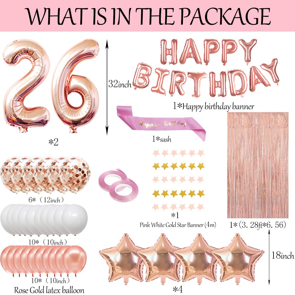 26th Birthday Decorations Set - Rose Gold Happy Birthday Banner, Sash & Number 26 Balloons | Latex Confetti Balloons for Women's 26th Birthday Party | Perfect for Birthday Decor, Photo Backdrops & Celebration Events
