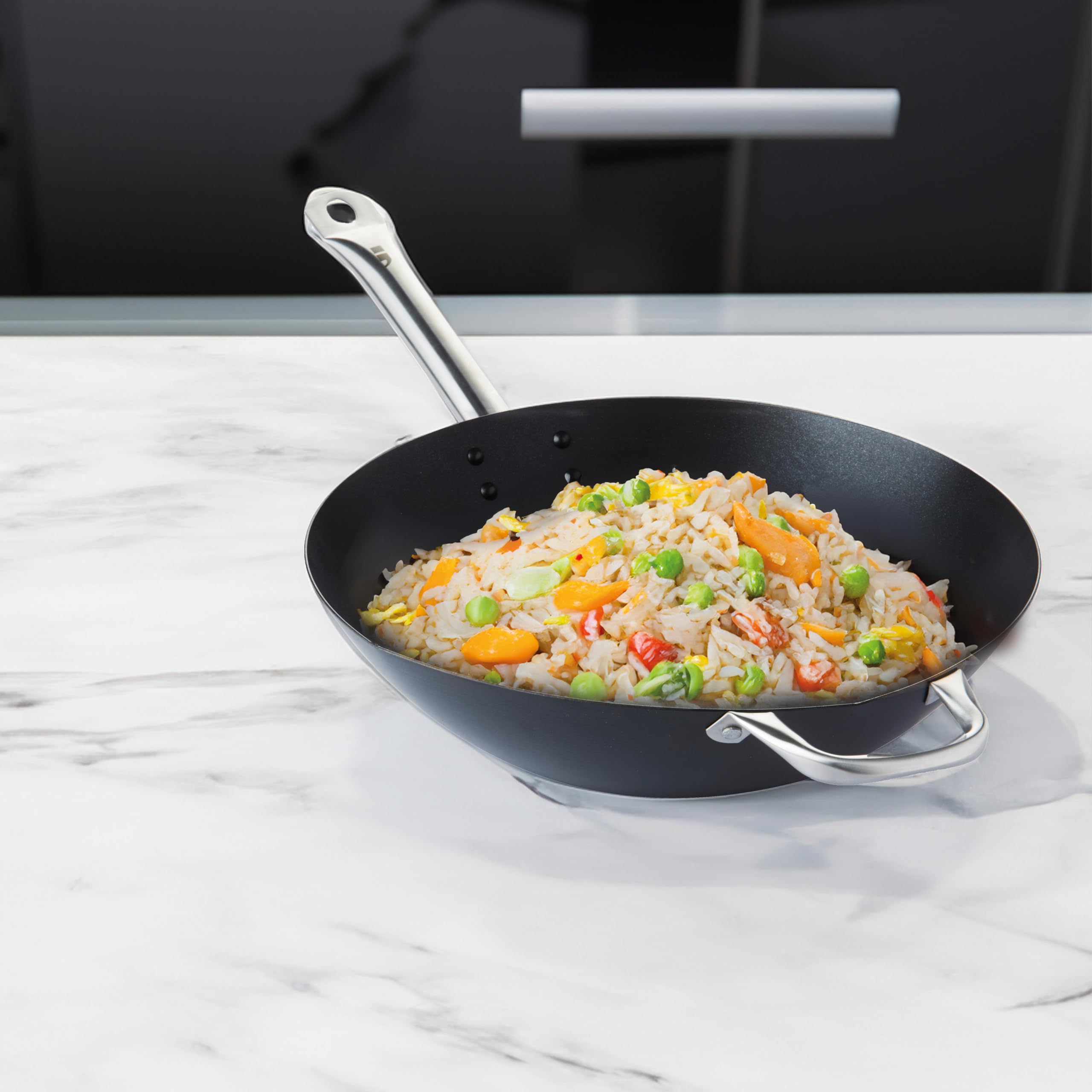 Carbon Steel Non-Stick Wok Pan 36cm - Stainless Steel Handle - Black Coating - Perfect for Stir-Frying, Sautéing & Deep Frying - Professional Restaurant Quality Cookware for Home Chefs