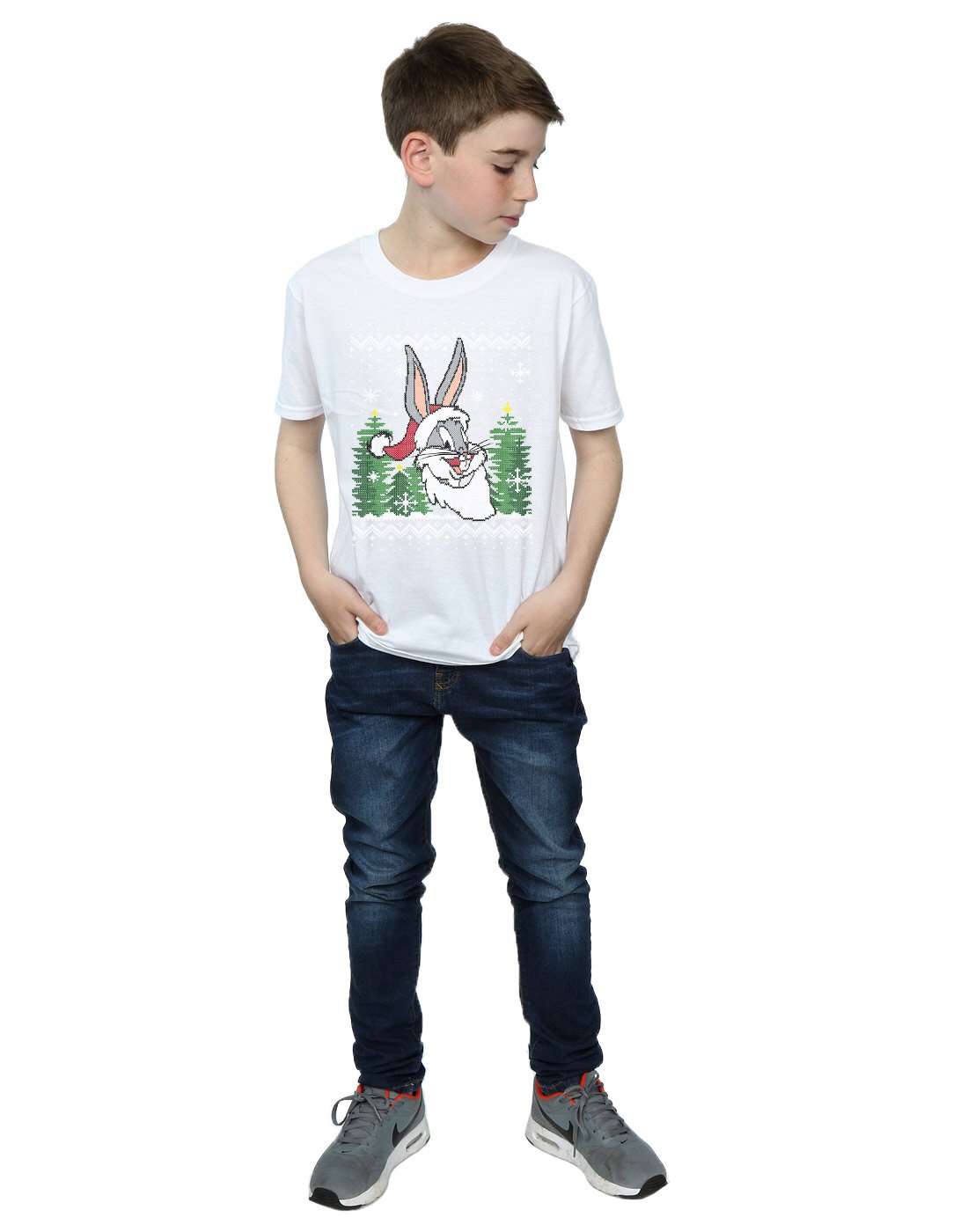 Looney Tunes Bugs Bunny Christmas Fair Isle Graphic T-Shirt for Boys (7-8 Years) - White | Holiday Gift, Winter Party Outfit, Festive Family Matching