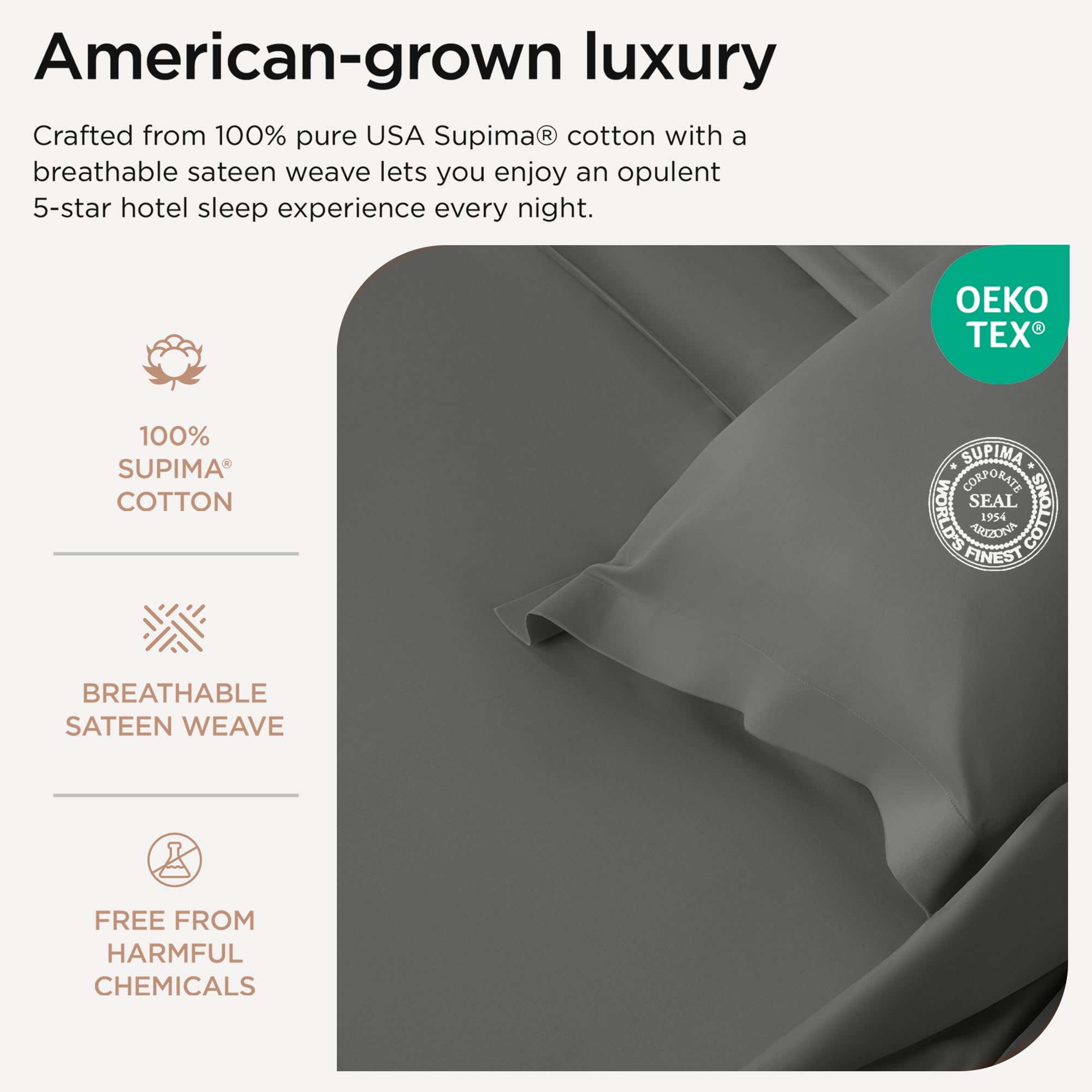 Luxury 1200 Thread Count Supima Cotton Sheets King Size - 4 Piece Dark Grey Bed Sheet Set - 5-Star Hotel Quality with Deep Pocket Fitted Sheet - Perfect for Master Bedroom, Guest Room & Vacation Homes