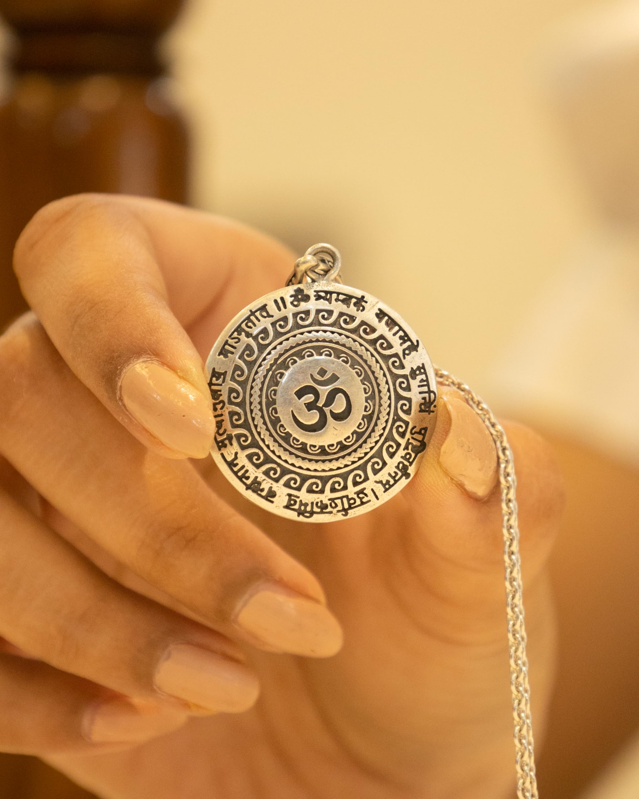 Shyle 925 Sterling Silver Pendant Necklace - Maha Mrityunjaya Mantra Om Charm - Handcrafted Oxidized Indian Jewelry - 92.5 Stamped - Spiritual Women's Accessories for Meditation, Yoga & Daily Wear