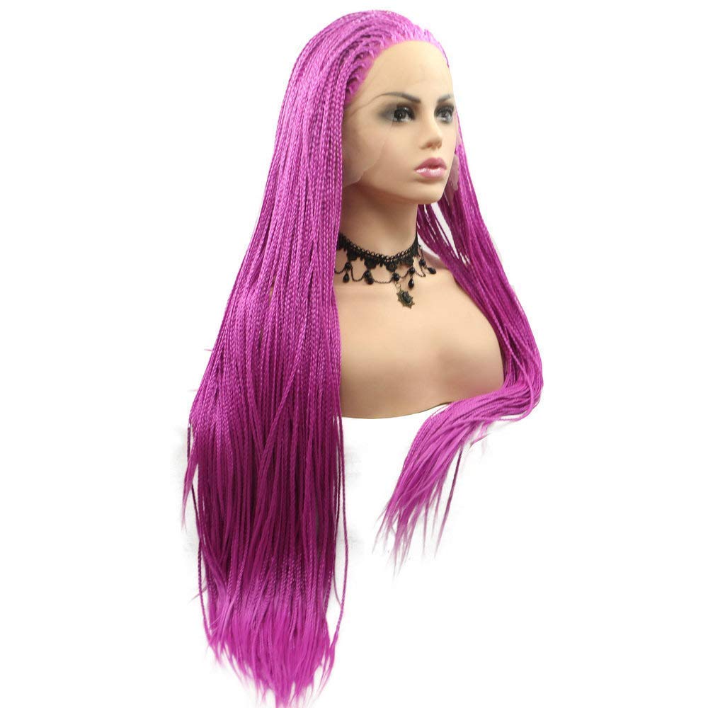 Hot Purple Long Box Braided Wigs for Women - 28 Inch Micro Braided Lace Front Synthetic Wigs | Glueless Heat Resistant Fiber Hair for Cosplay, Halloween & Party Wear