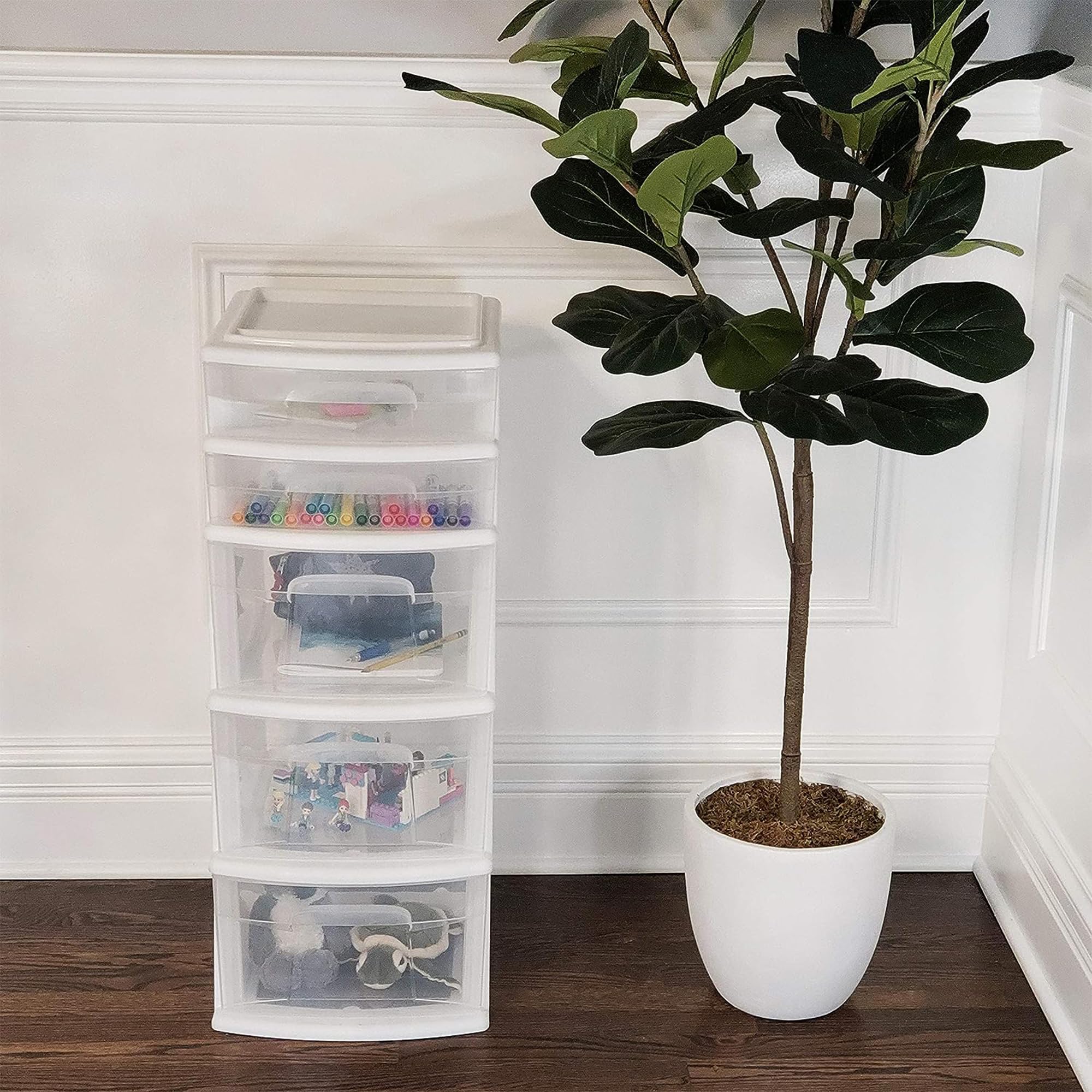 HOMZ 2-Pack 5-Tier Clear Plastic Storage Drawer Tower Organizer with White Frame - Perfect for Bedroom, Closet, Office & Craft Room Organization
