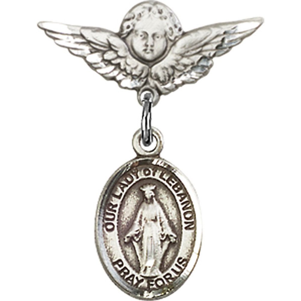 Exquisite Sterling Silver Baby Badge with Our Lady of Lebanon Charm & Angel Wing Pin - 7/8