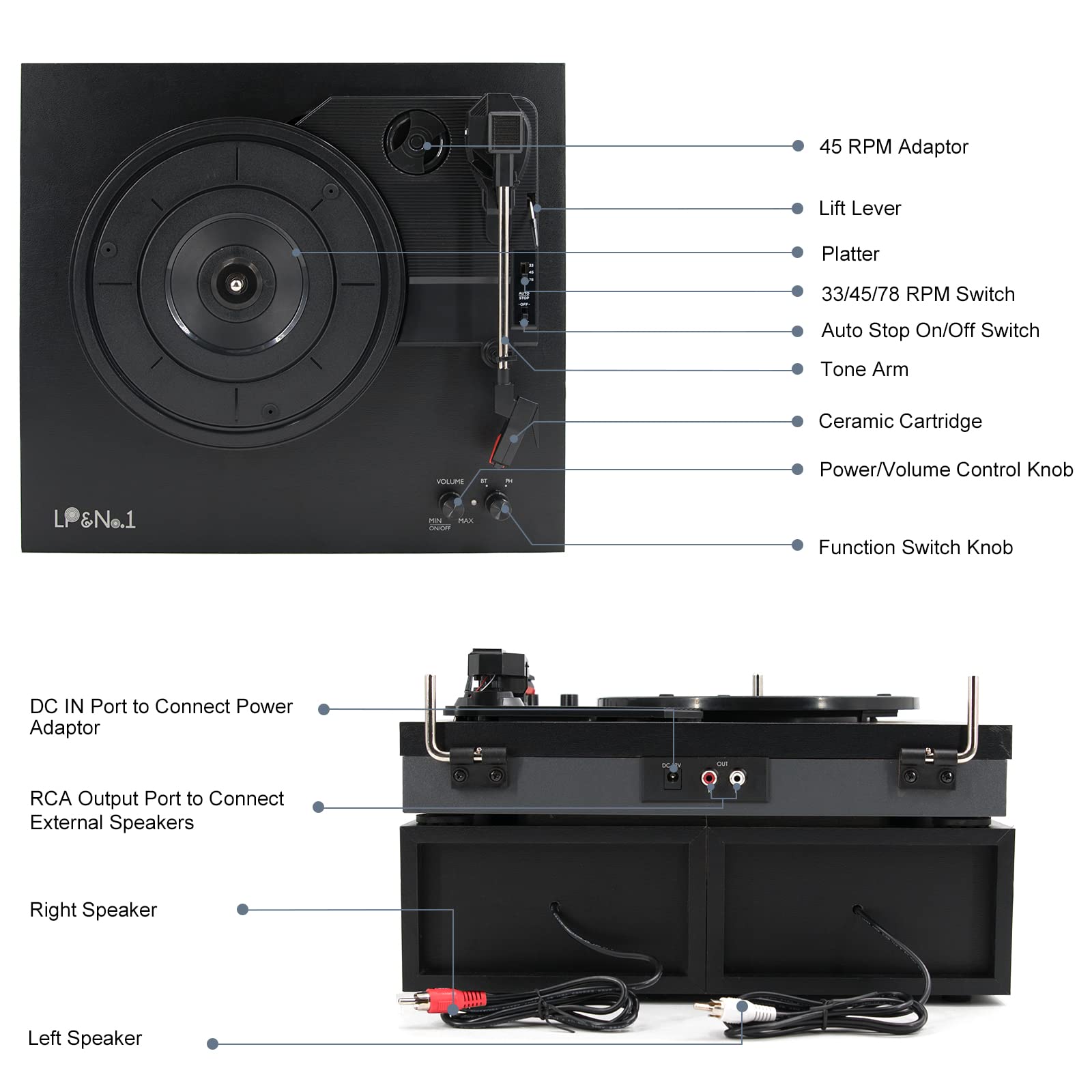 3-Speed Belt-Drive Vinyl Record Player with Stereo Bookshelf Speakers - Wireless Bluetooth Playback, Auto Stop & RCA Output | Black Leather Turntable for Home, Office & Music Lovers