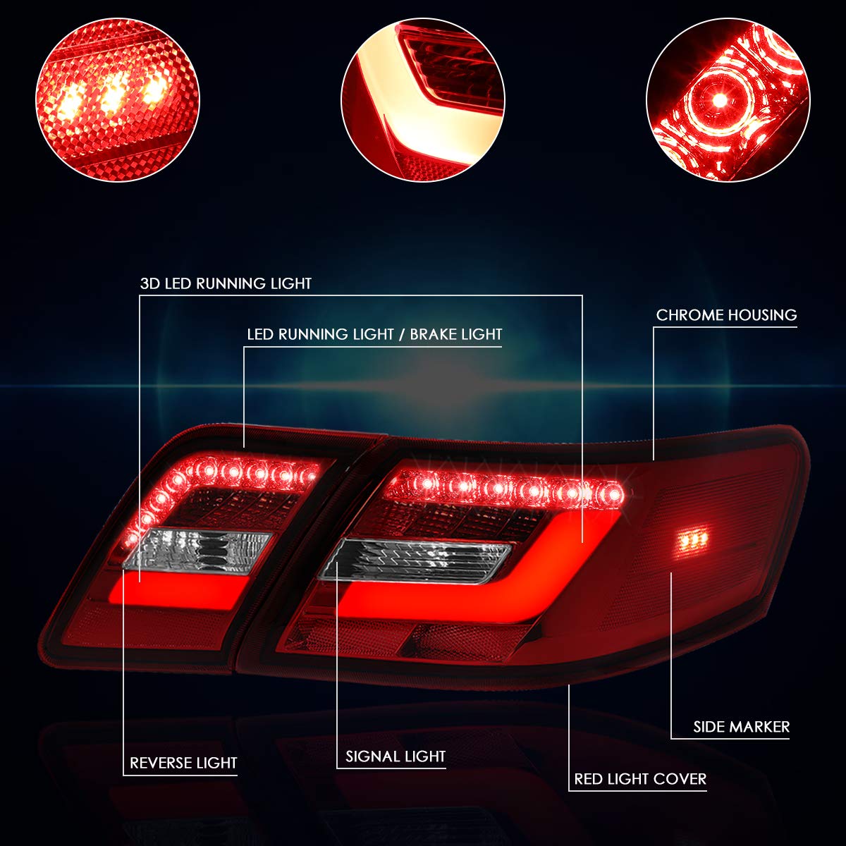 3D LED Tail Light Bar for Toyota Camry 2010-2011 - Red/Clear Brake & Reverse Lamps - Easy Installation & Enhanced Visibility for Night Driving & Safety