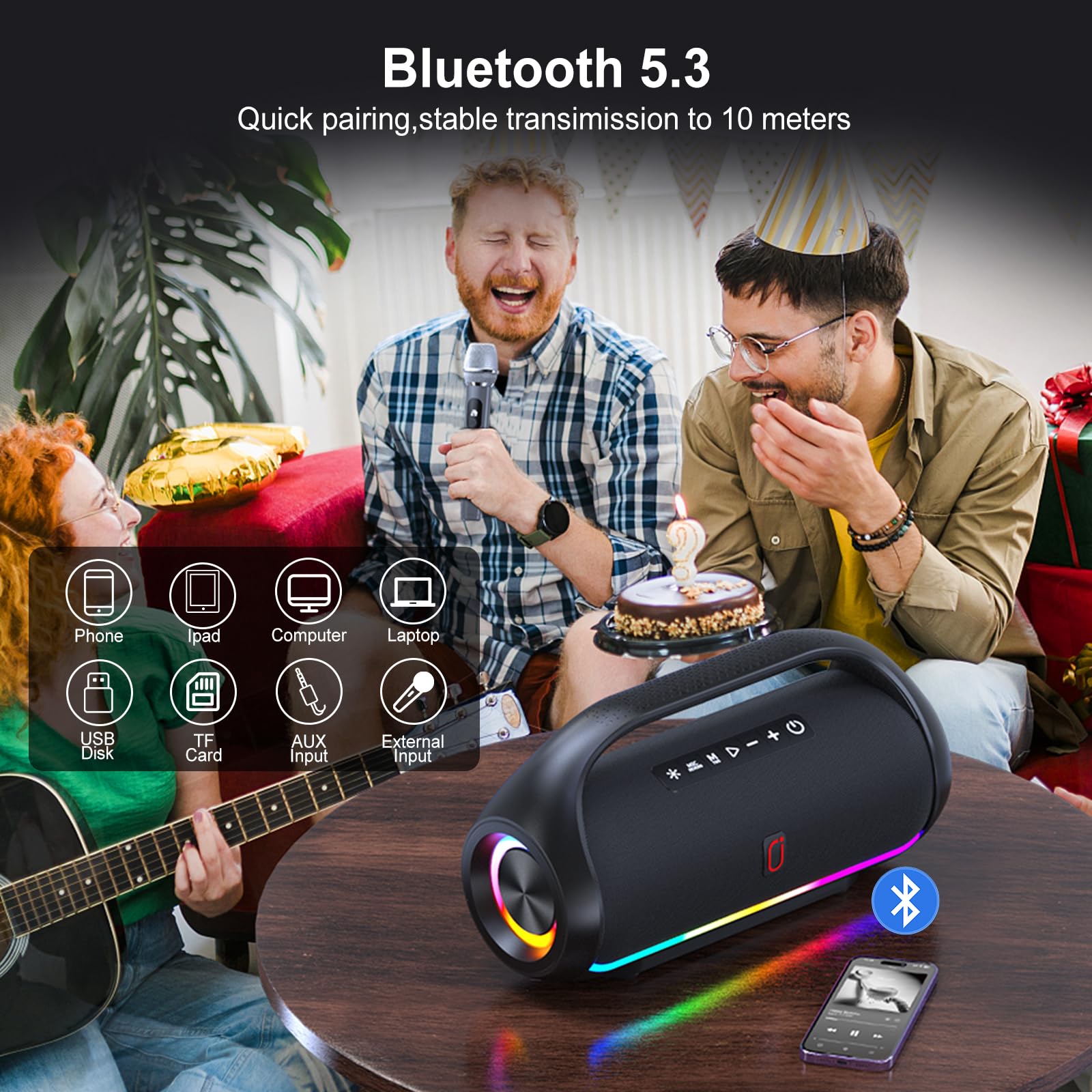 HWWR Portable Bluetooth Speaker with 2 Wireless Mics - IPX5 Waterproof, Deep Bass & LED Lights - Loud Stereo Speaker for Outdoor, Indoor, Home Parties, Hiking, Camping - Perfect for Backyard BBQs, Beach Trips & Poolside Gatherings