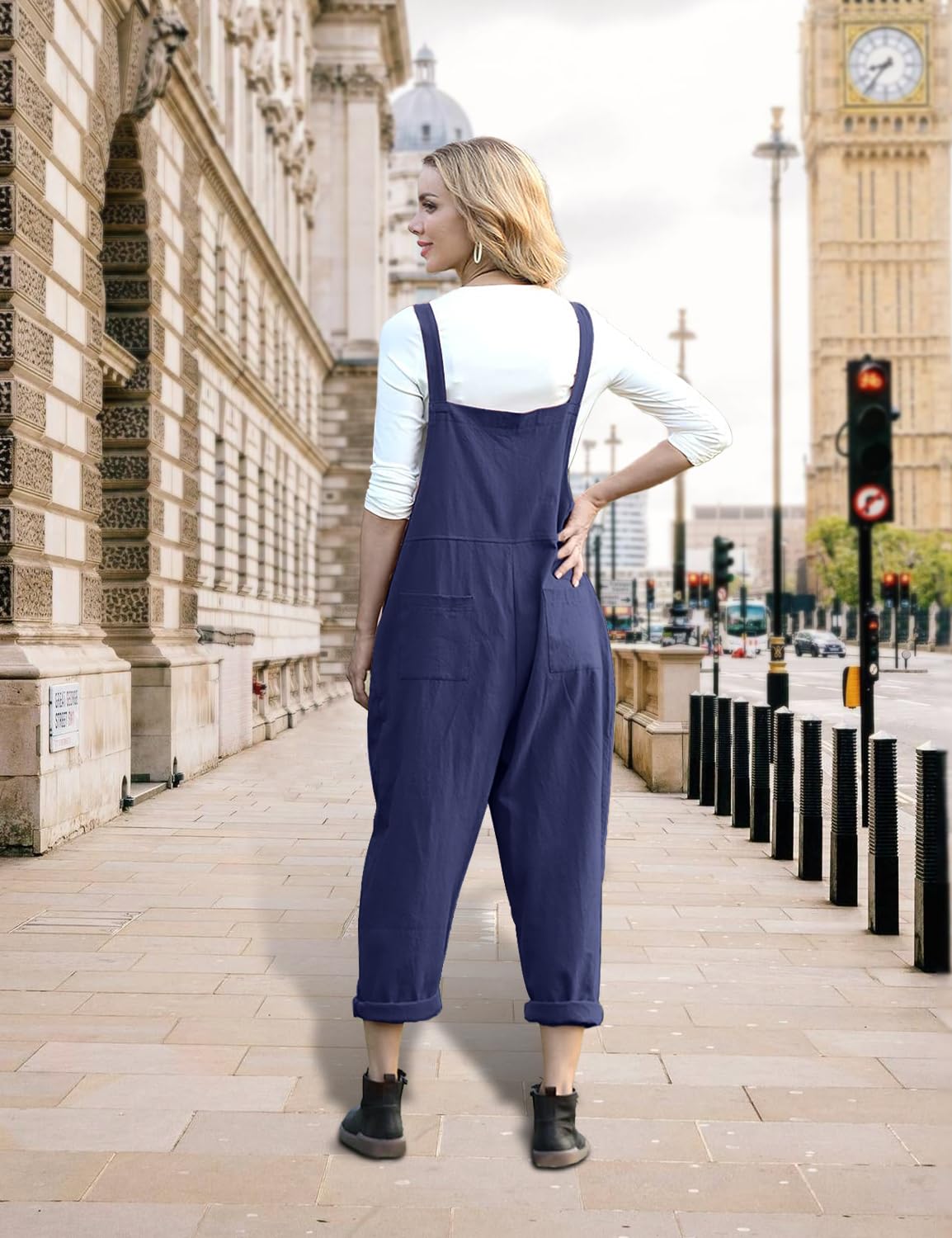 YESNO Women's Casual Loose Bib Overalls - Baggy Romper Jumpsuit with Pockets | Comfortable Long Pants for Everyday Wear, Street Style & Outdoor Activities (PV9)