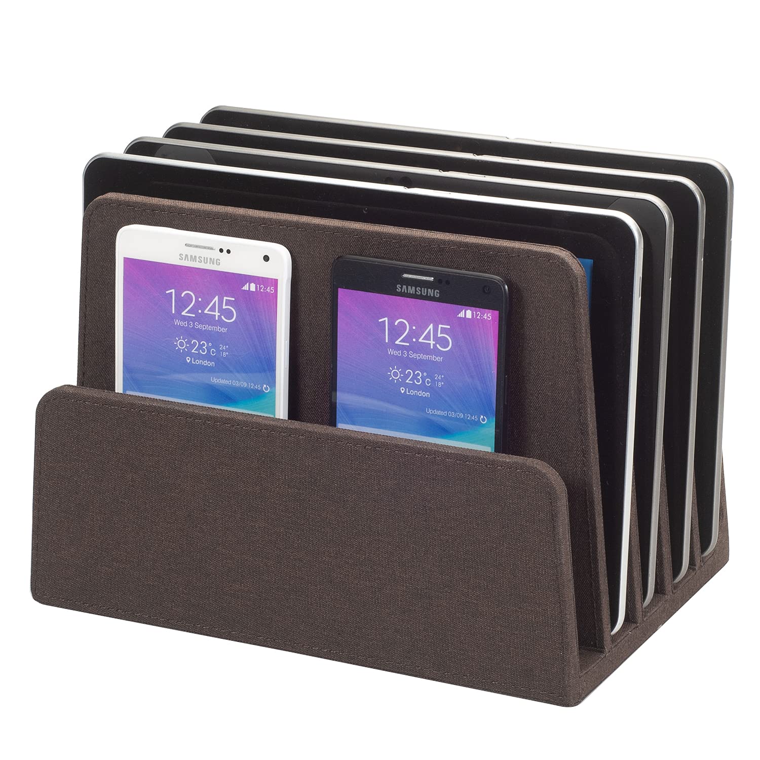 Premium Multi Device Stand & Organizer for Smartphones, Tablets & Laptops - 5 Slots, Dark Brown - Perfect for Home Office, Desk Organization & Workspace Efficiency