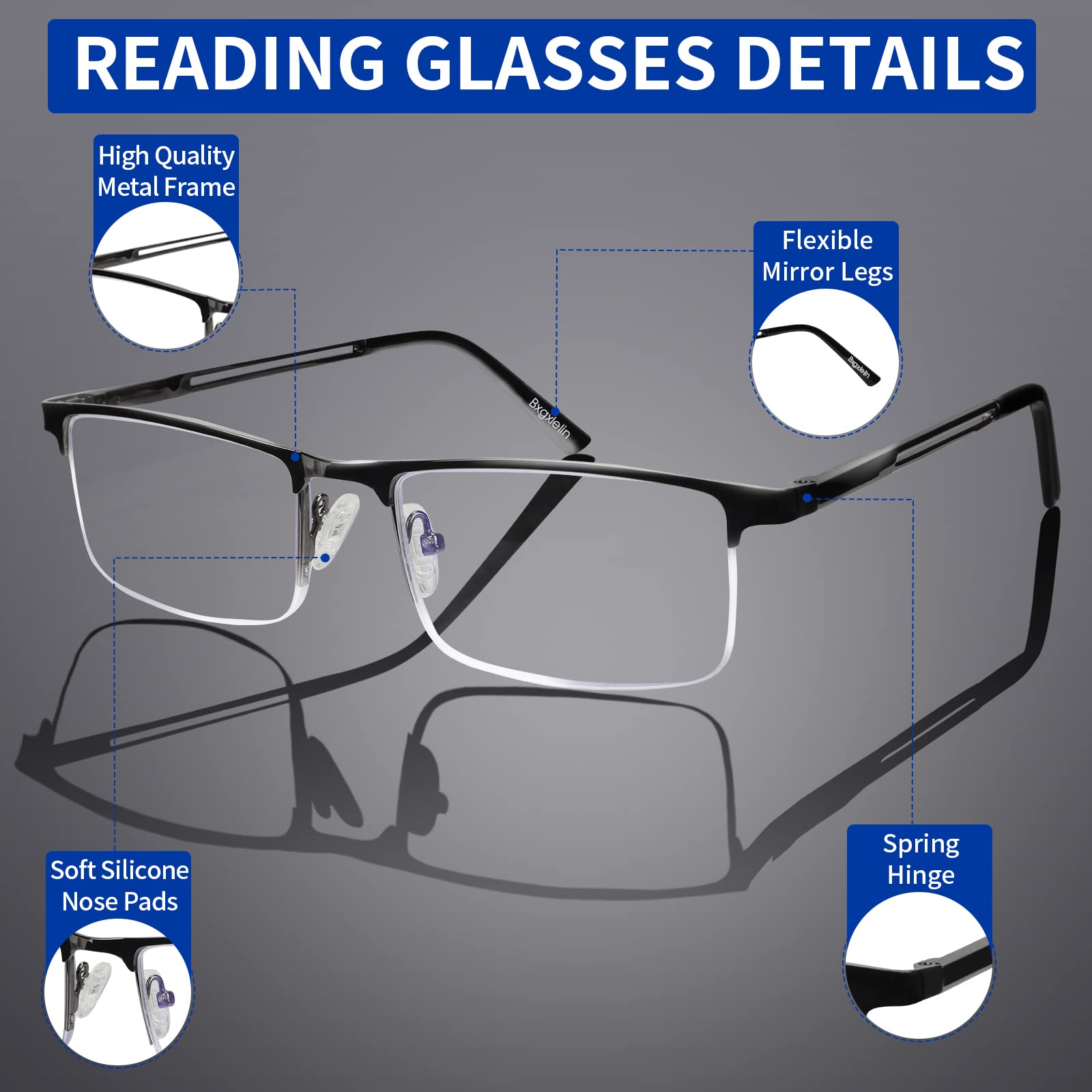 1.0-4.0x Blue Light Blocking Reading Glasses for Men - 3 Pack Lightweight Metal Half Frame Readers - Perfect for Computer Use, Office Work & Screen Time Protection