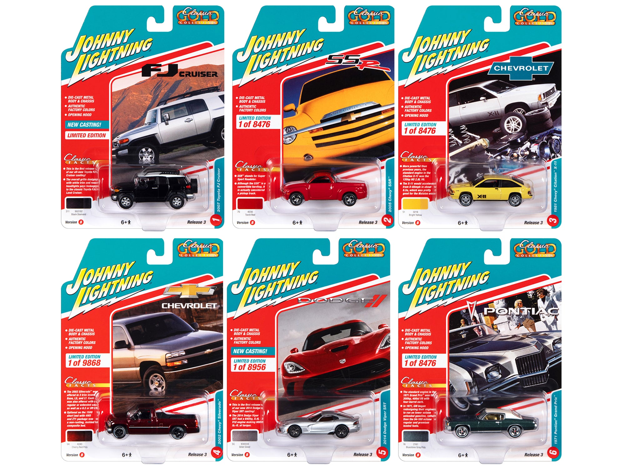 Johnny Lightning 1/64 Diecast Model Cars - Classic Gold Collection 2022 Set B (6 Cars) - Perfect for Collectors, Display & Racing Scenes