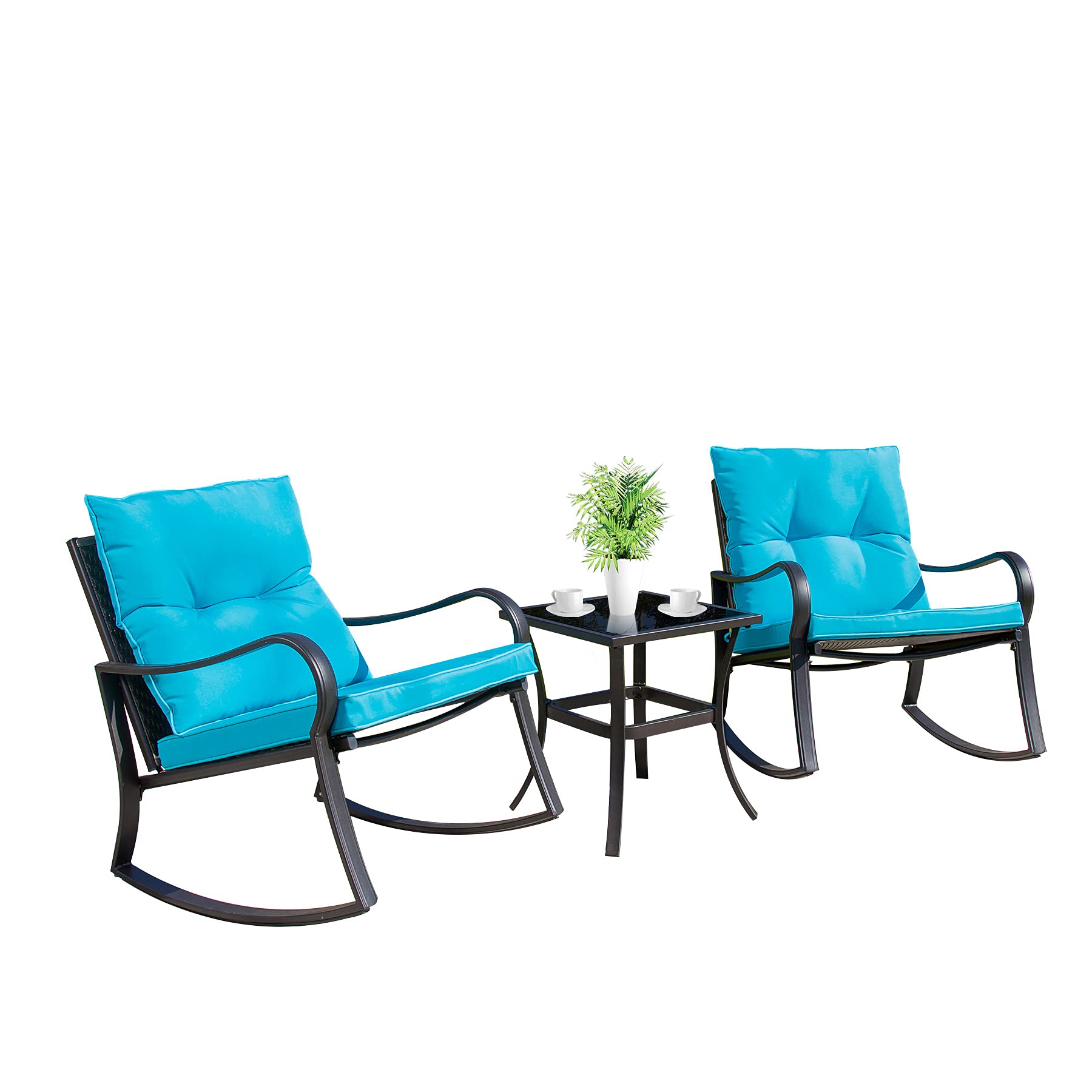 Domi Outdoor Living 3-Piece Rocking Bistro Set - Black Steel Wicker Rocking Chairs with Blue Cushions & Glass Top Coffee Table for Patio, Garden, or Backyard Relaxation
