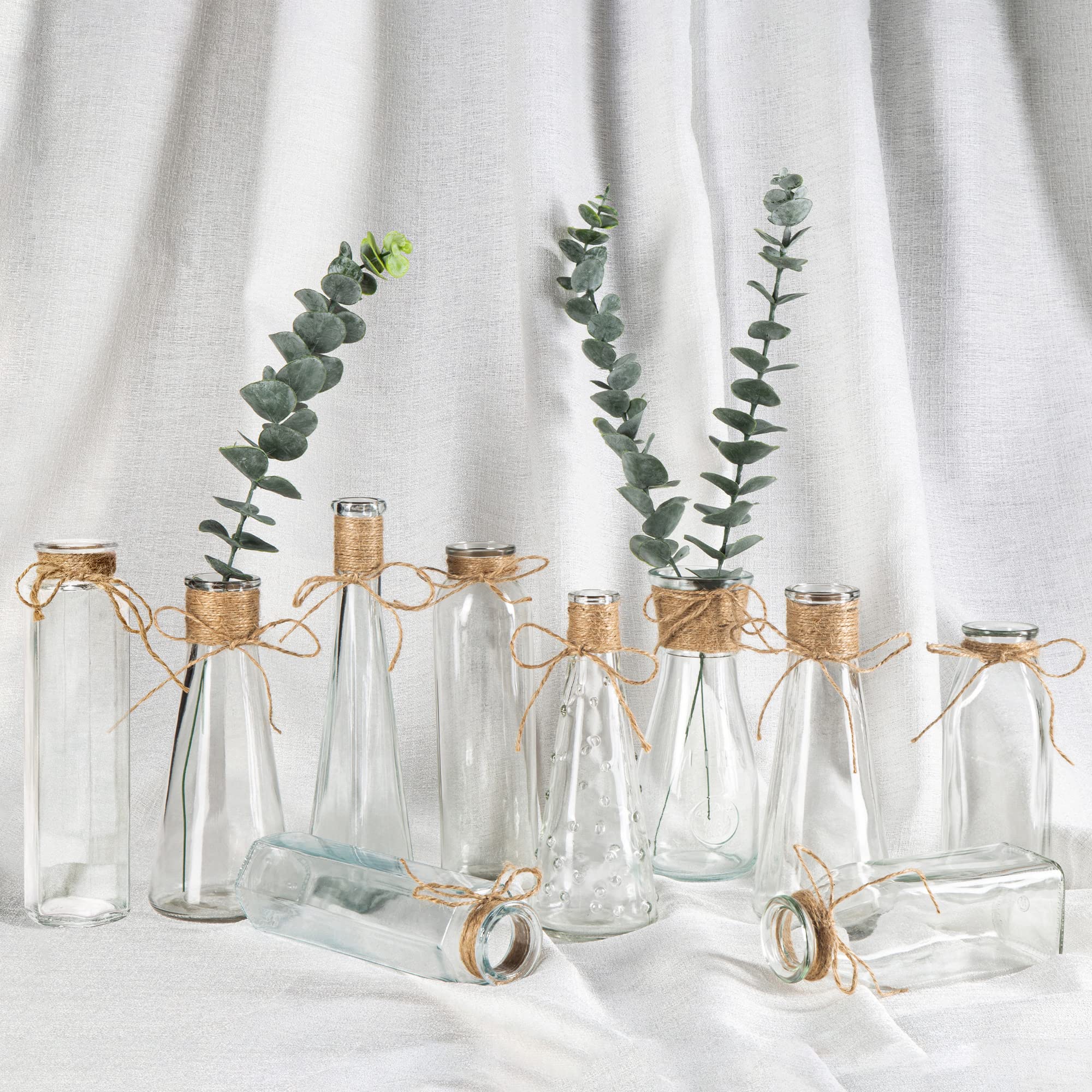 10 Pack Small Clear Glass Vases with Rope Design - Unique Shapes Flower Vases for Home Decor, Wedding Centerpieces, Holiday Table Decorations & DIY Floral Arrangements