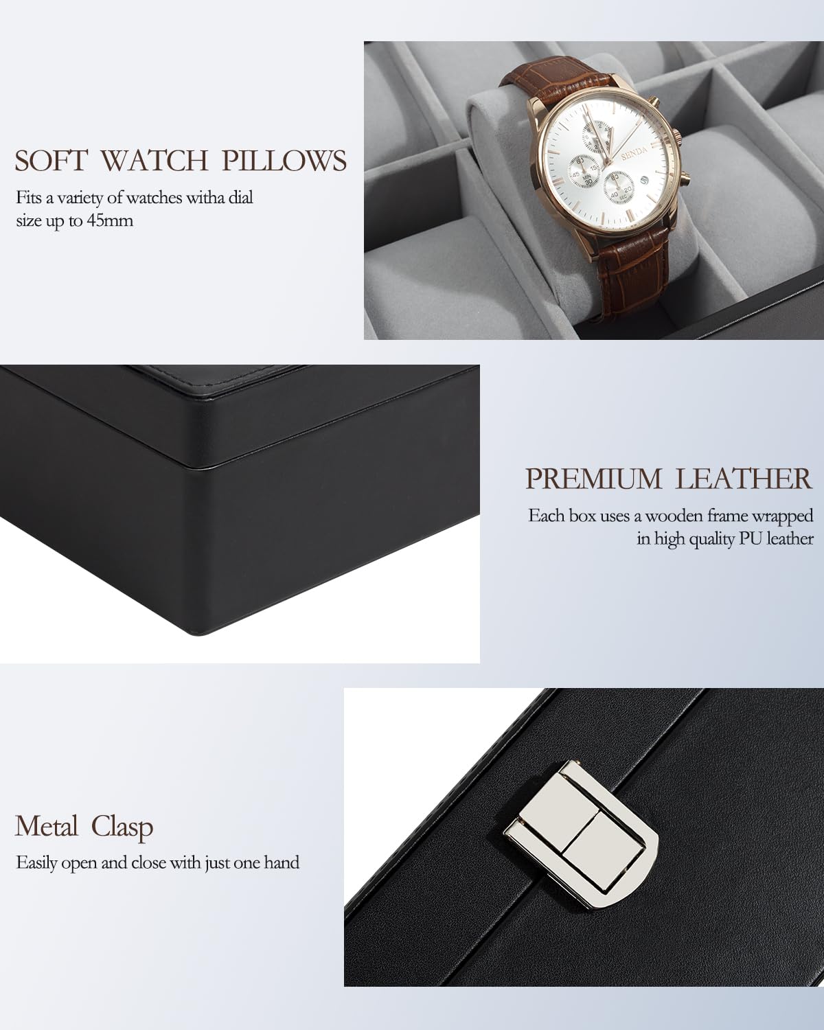 GUKA 12 Slot Watch Box with Large Real Glass Lid - Premium Black Synthetic Leather Watch Organizer with Removable Pillows | Perfect for Watch Collection Display, Storage & Travel