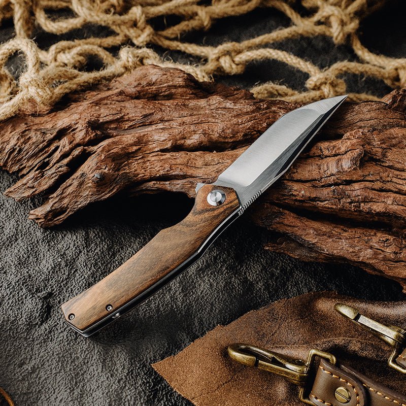 Premium Polaris D2 Steel Folding Pocket Knife with Exotic Sandalwood Handle - EDC, Camping, Hunting & Outdoor Survival Tool