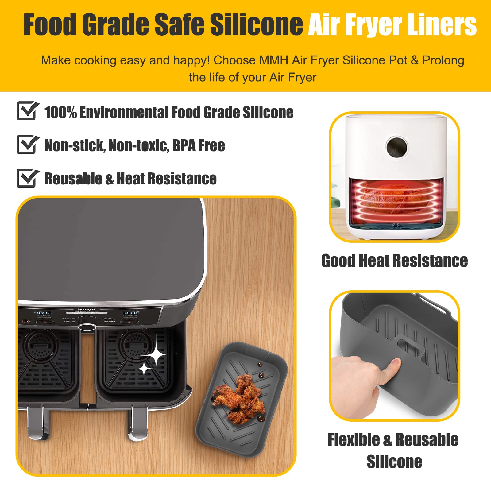Ninja Dual Zone Air Fryer Silicone Liners 10QT - Reusable Food-Grade Accessories for DZ401/DZ550/DZ302, Ninja DoubleStack XL SL401/SL451 & Cosori 9QT 8-in-1 Dual Air Fryer - Perfect for Healthy Cooking, Baking & Frying - Gray