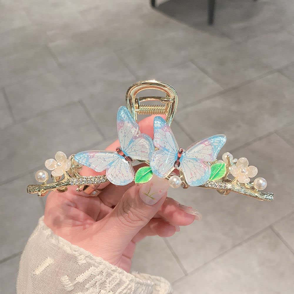 HUOFU Double Butterfly Metal Claw Clip - Rhinestone Flower Hair Clips for Women, Non-Slip Jaw Clips Hair Accessories (Blue) - Perfect for Parties, Weddings and Everyday Hairstyles