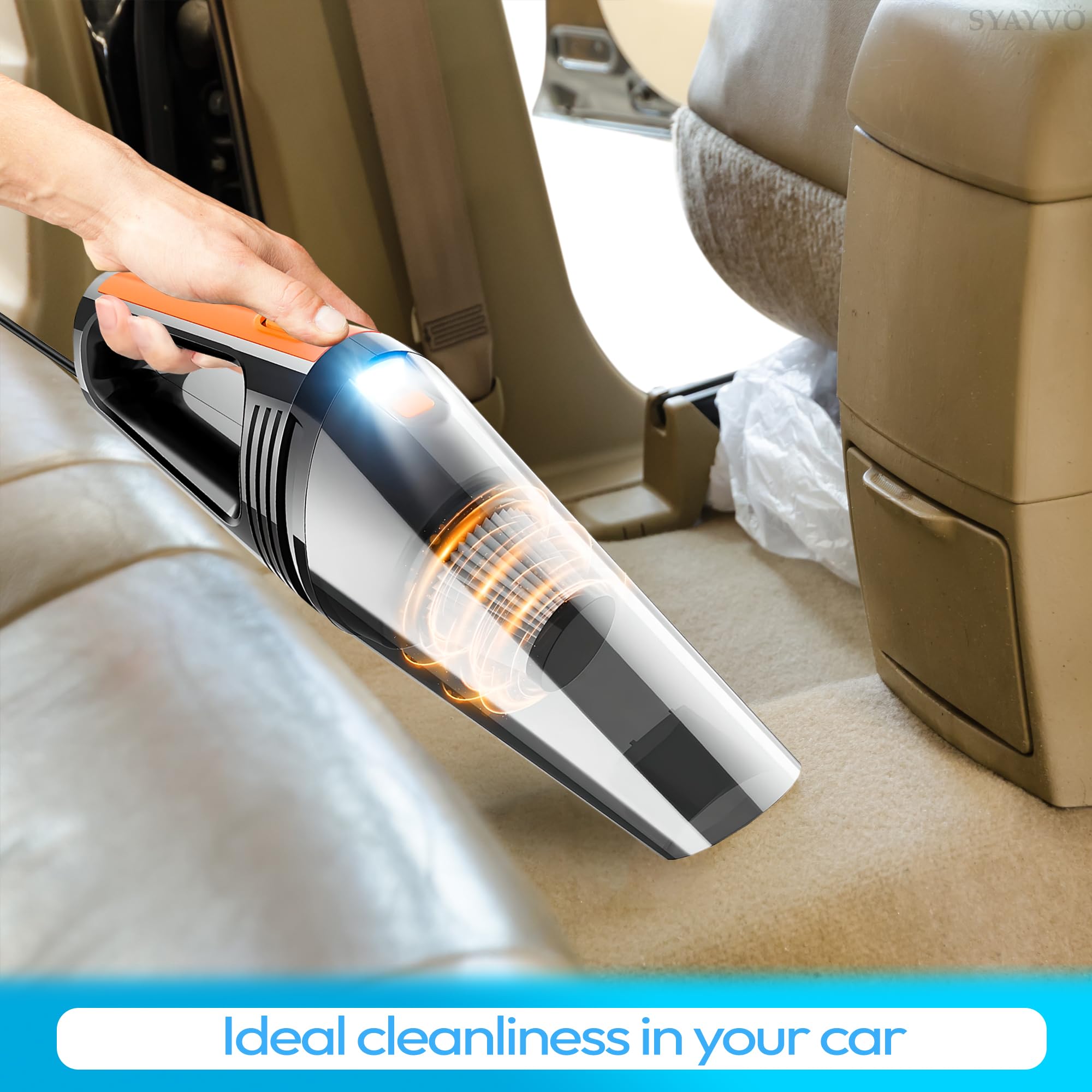 SYAYVO 8000PA Powerful Portable Car Vacuum Cleaner - 12V DC Corded Handheld Vacuum with LED Light & 16.4ft Hose | Includes Multiple Attachments for Car Detailing, Home & Office Cleaning | Ideal Gift for Men & Women