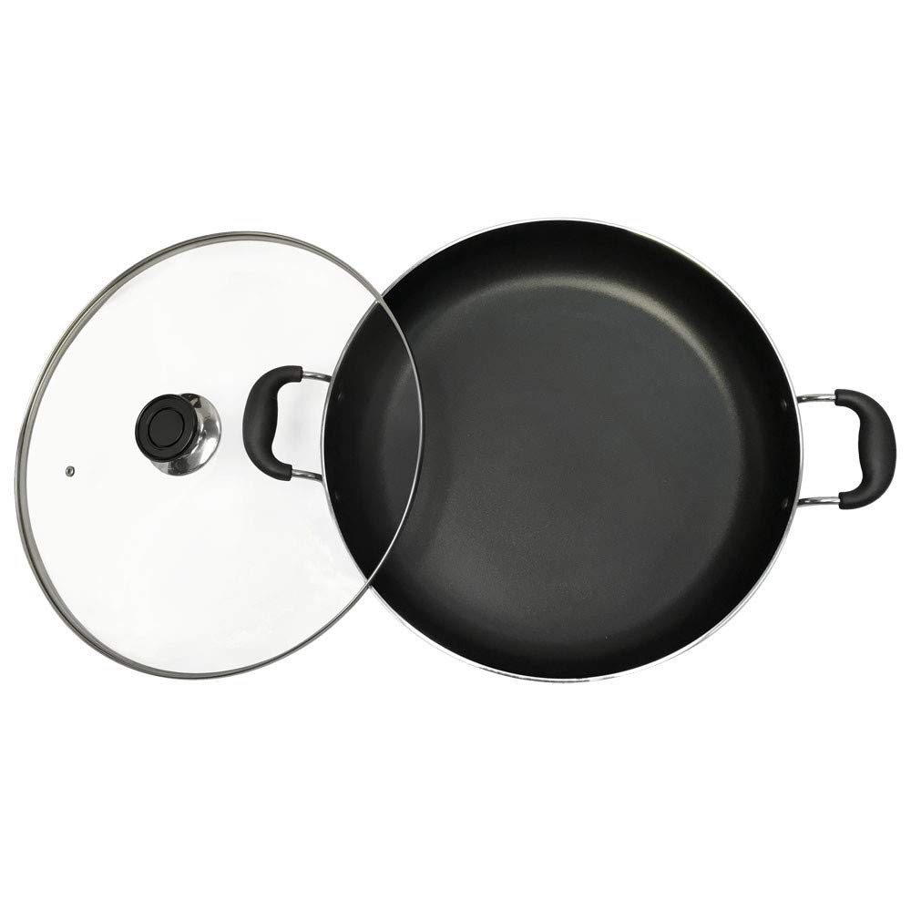 14 Inch Aluminum Low Pot Cookware - Non Stick Deep Cooking Wok with Wide Base for Stir Frying, Braising & Steaming | Perfect for Asian Cuisine & Home Kitchen Use