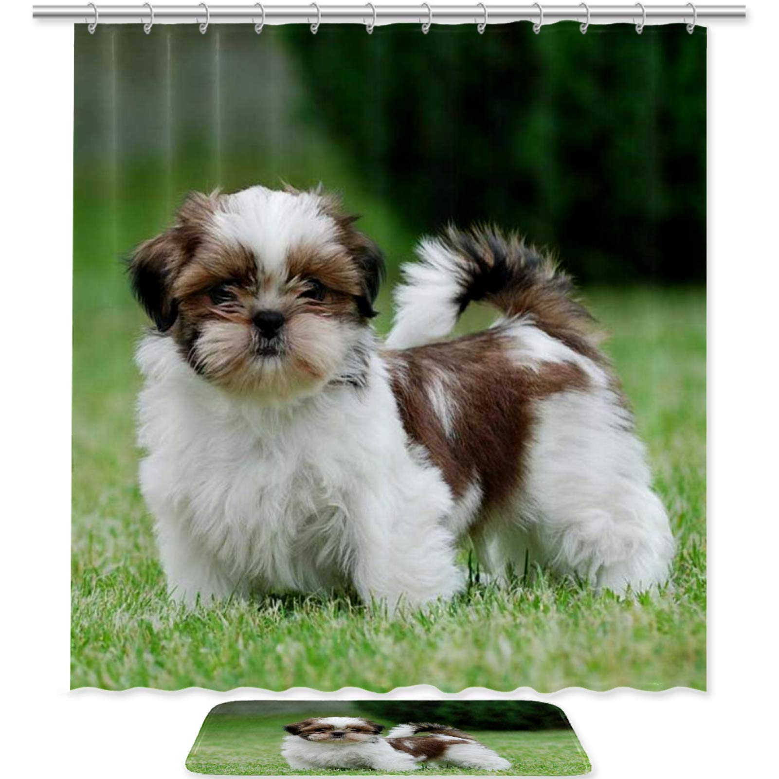 imobaby Shih Tzu Puppy Bathroom Set - Waterproof Polyester Shower Curtain 70.8x70.8 Inches with Matching Bath Mat & 12 Hooks | Cute Dog-Themed Bath Accessories for Pet Lovers' Home Decor
