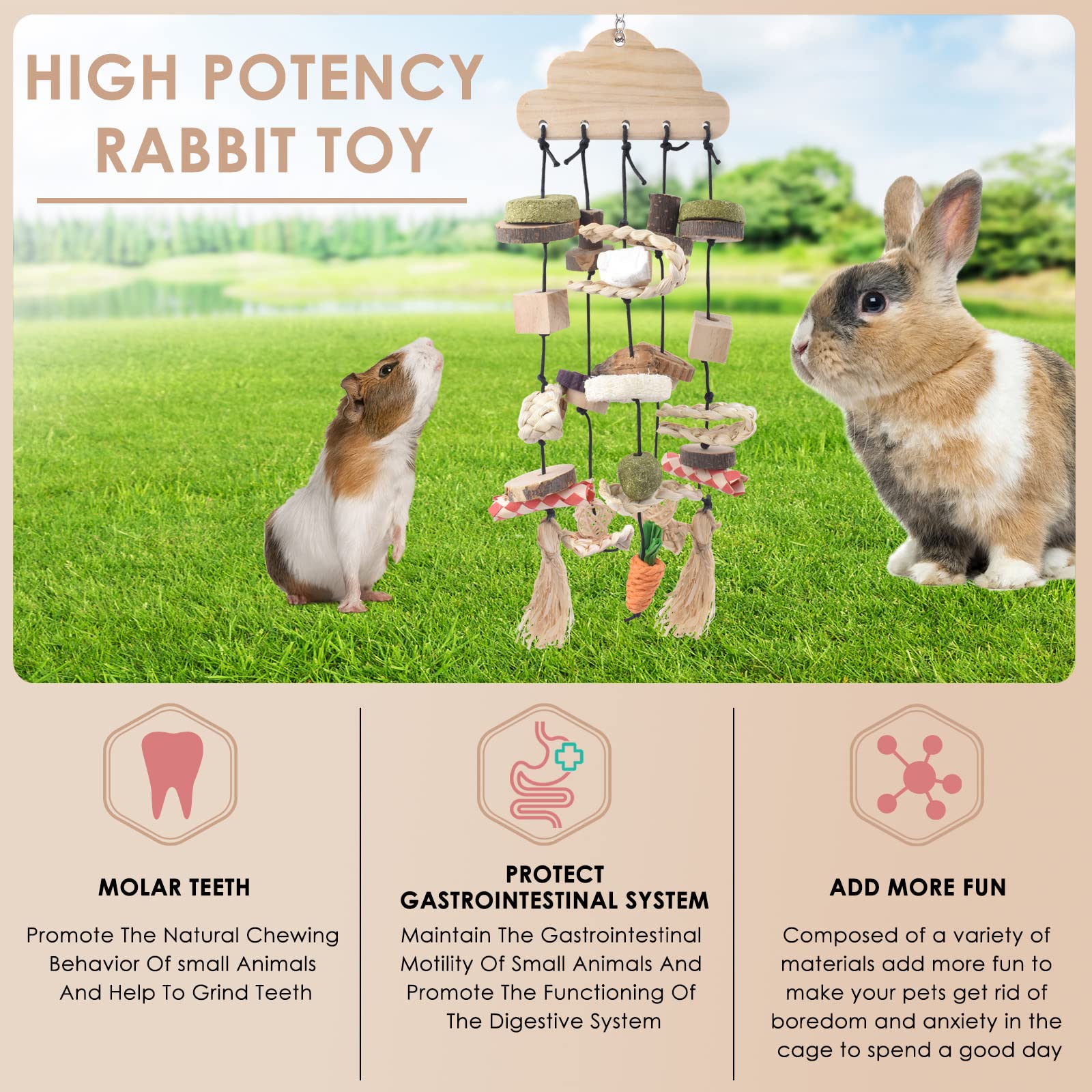 Rabbit Chew Toy with Snacks - Wooden Teeth Grinding Treat for Small Pets like Guinea Pigs & Hamsters - Cage Hanging Toy for Bunnies