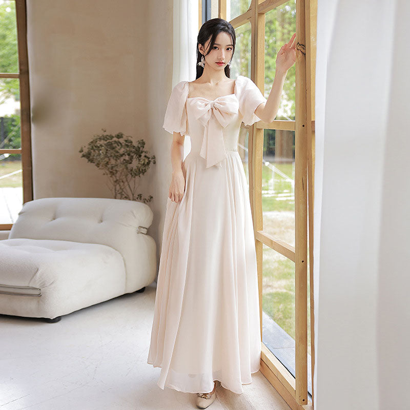 Elegant A-Line Champagne Bridesmaid Dress | Simple Long Prom Gown for Weddings & Formal Events | Perfect for Bridal Party, Evening Galas & Special Occasions