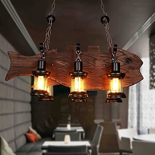 LITFAD 6-Light Wooden Fish Shaped Pendant Chandelier - Industrial Retro Coastal Style with Lantern Shade for Dining Room, Restaurant, Bar & Kitchen Island Lighting | Perfect for Coastal Decor, Farmhouse Dining, and Commercial Spaces