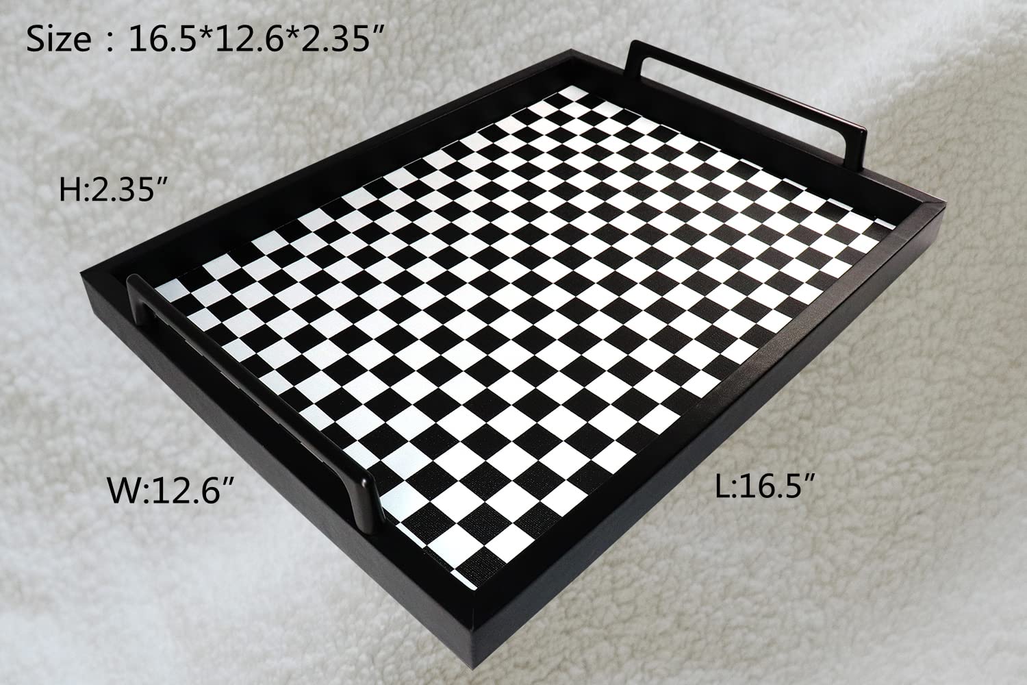 MCBZ Decorative Serving Tray - 16.5 x 12.6 Inch Leather Ottoman Tray with Metal Handles for Coffee Table, Living Room, Bedroom - Black and White Grid Pattern (Perfect for Breakfast in Bed, TV Snacks & Home Decor)