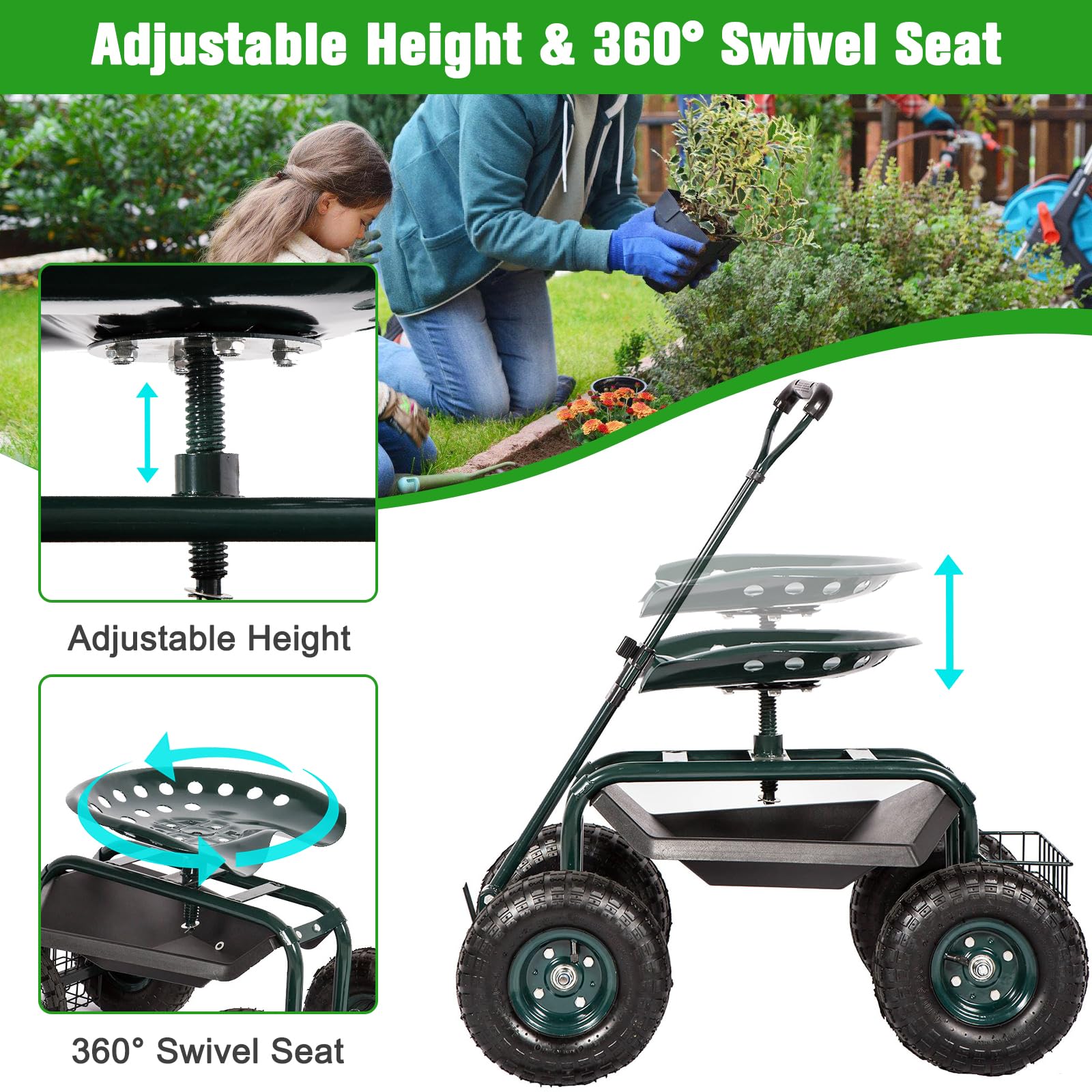 Kinbor Rolling Garden Scooter Cart with 360° Swivel Seat, Wheels & Tool Tray - Green Outdoor Gardening Stool for Planting, Weeding & Yard Work