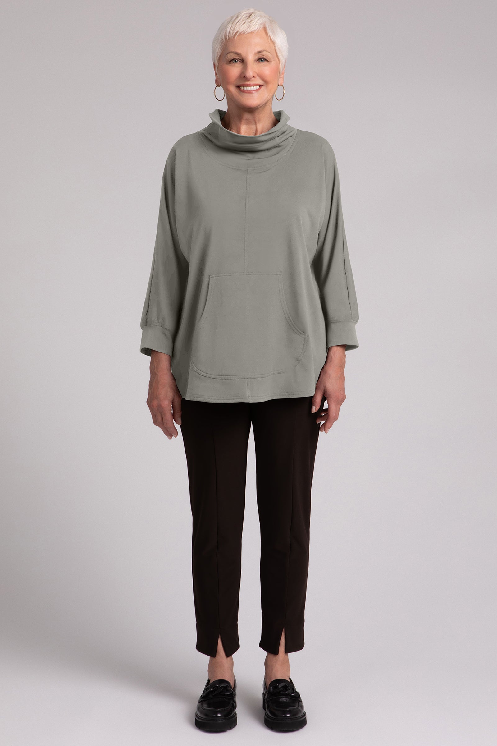Cozy Fleece Back Jersey Funnel Neck Pullover Sweatshirt with Kangaroo Pocket - Taupe | Warm Winter Layering & Casual Outfit Essential