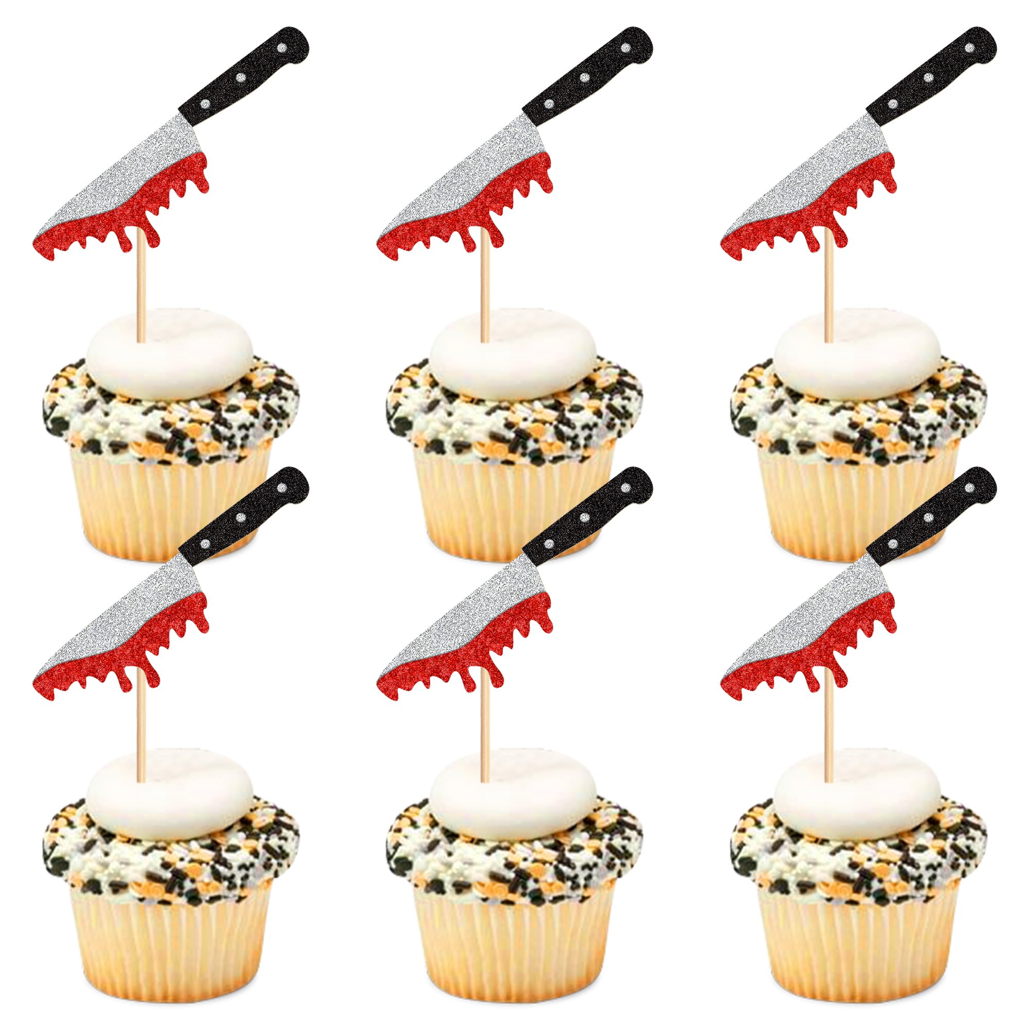 24 Pack Halloween Knife Cupcake Toppers - Glitter Bloody Horror Cake Picks for Halloween, Birthday & Baby Shower Party Decorations - Perfect for Spooky Themed Cakes, Cupcakes and Desserts